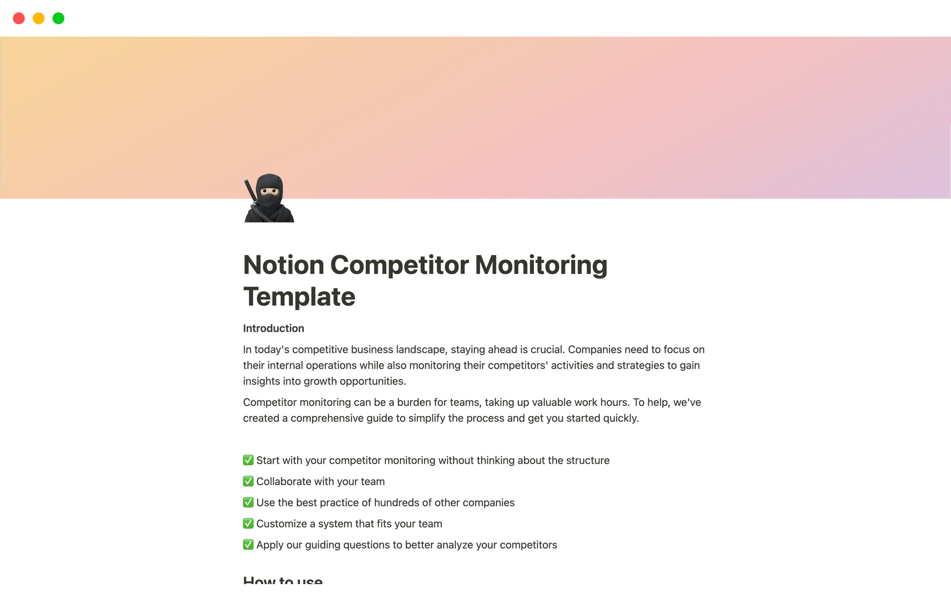 En förhandsgranskning av mallen för Notion Competitor Monitoring Template