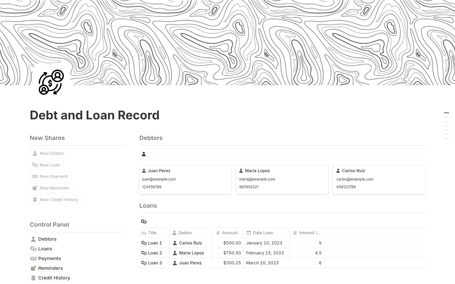 En förhandsgranskning av mallen för Debt and Loan Record