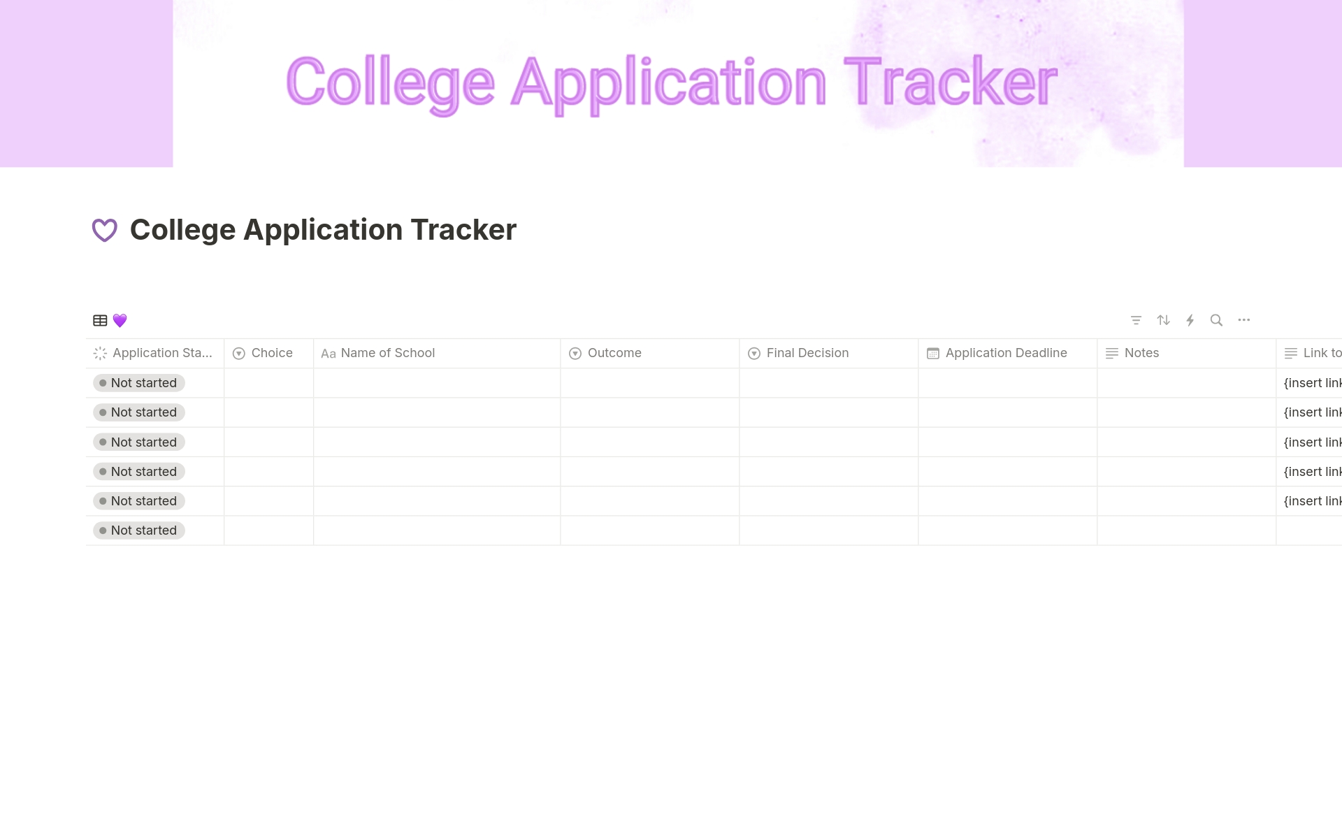 A template preview for College Application Tracker