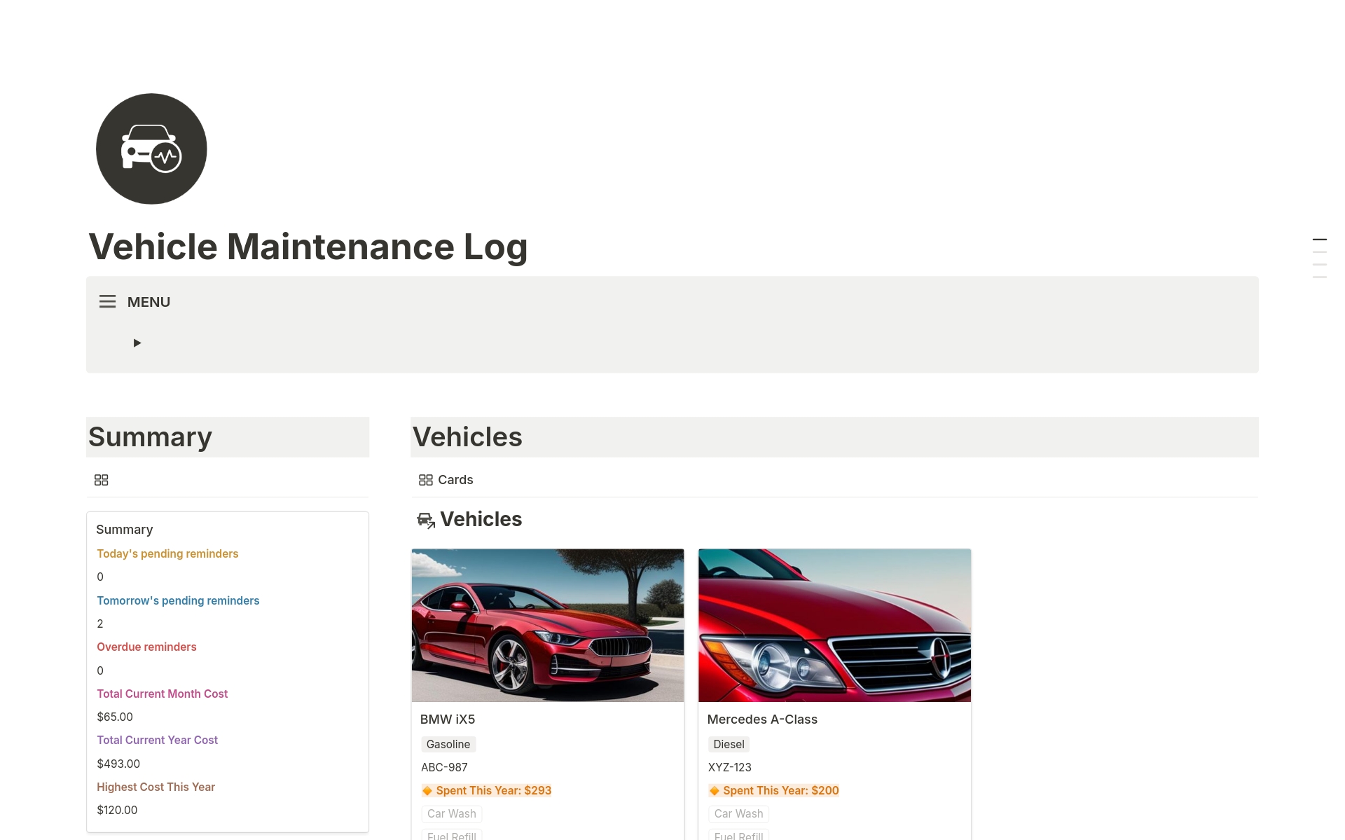 Keeping track of your vehicle maintenance has never been easier. For any type of vehicle, from cars to motorcycles to vans and more. This template is designed to help you manage your vehicles, efficiently record what needs to be done, and track what you've spent.
