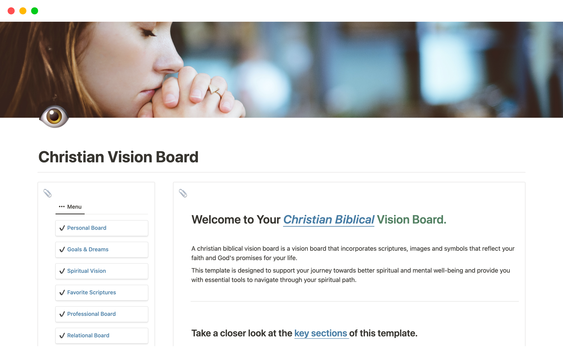 En forhåndsvisning av mal for Christian Vision Board