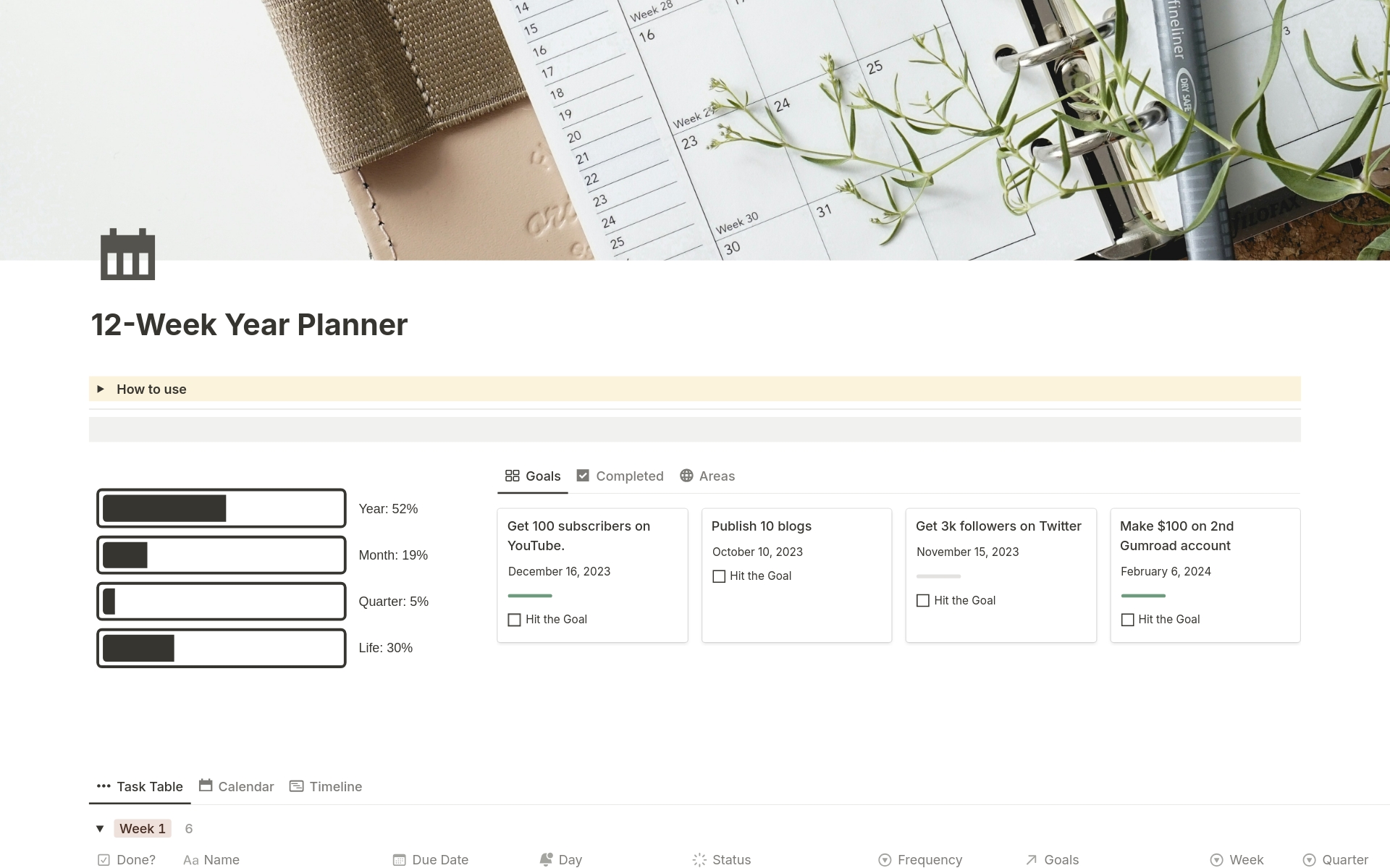 A template preview for 12-Week Year Planner 