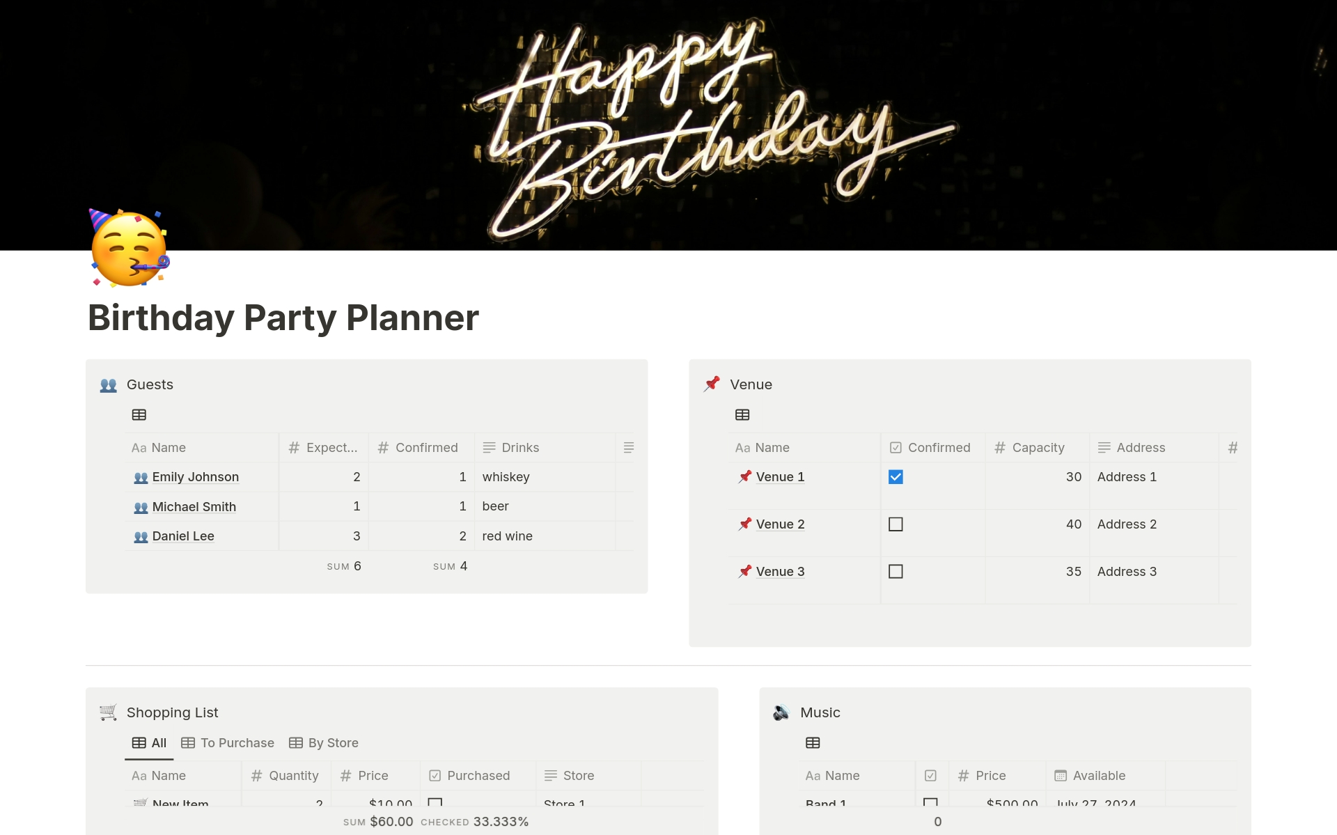 Plan your birthday party effortlessly with our Birthday Party Planner Notion template. Manage guest lists, track venues, organize shopping, and arrange music seamlessly. Save time and reduce stress—focus on enjoying the celebration. Get your template now!