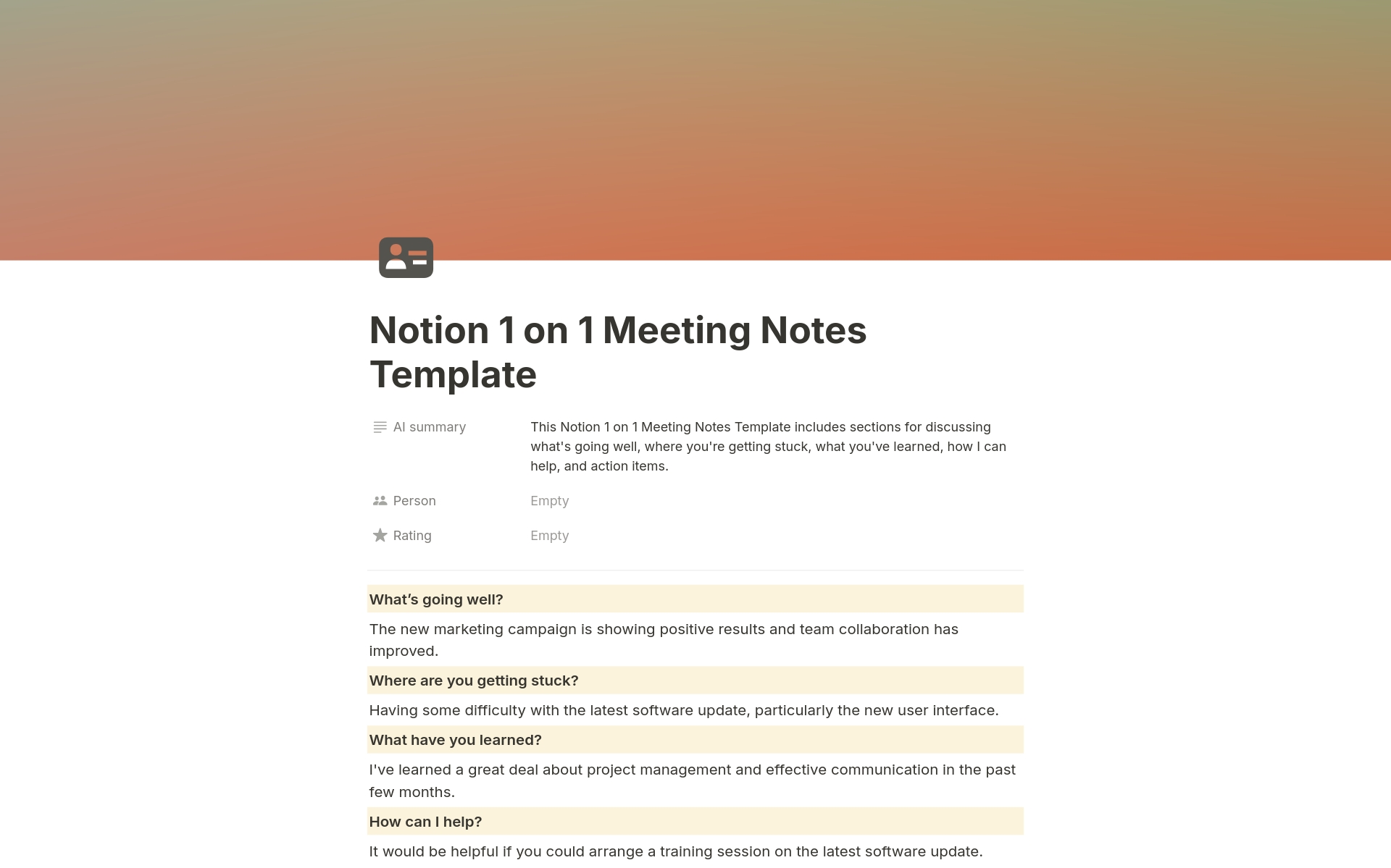 A template preview for 1 on 1 Meeting Notes