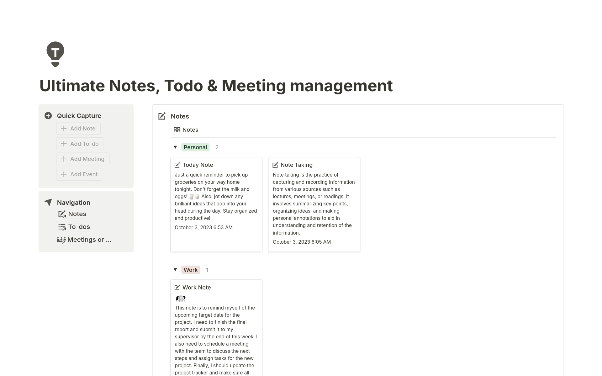 En förhandsgranskning av mallen för Ultimate Notes, Todo & Meeting management
