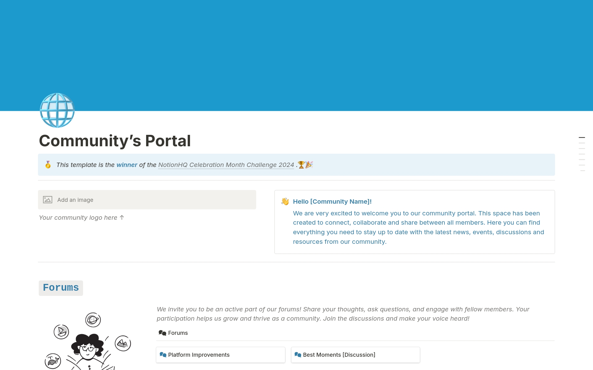 En forhåndsvisning av mal for Community’s Portal