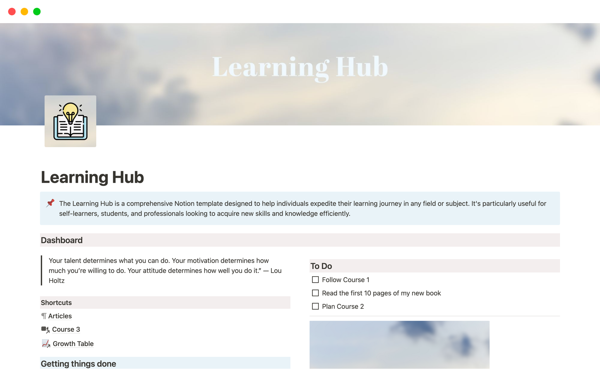 The Learning Hub, a complete Notion template, speeds up learning in any subject, especially for self-learners, students, and professionals seeking efficient skill and knowledge acquisition.