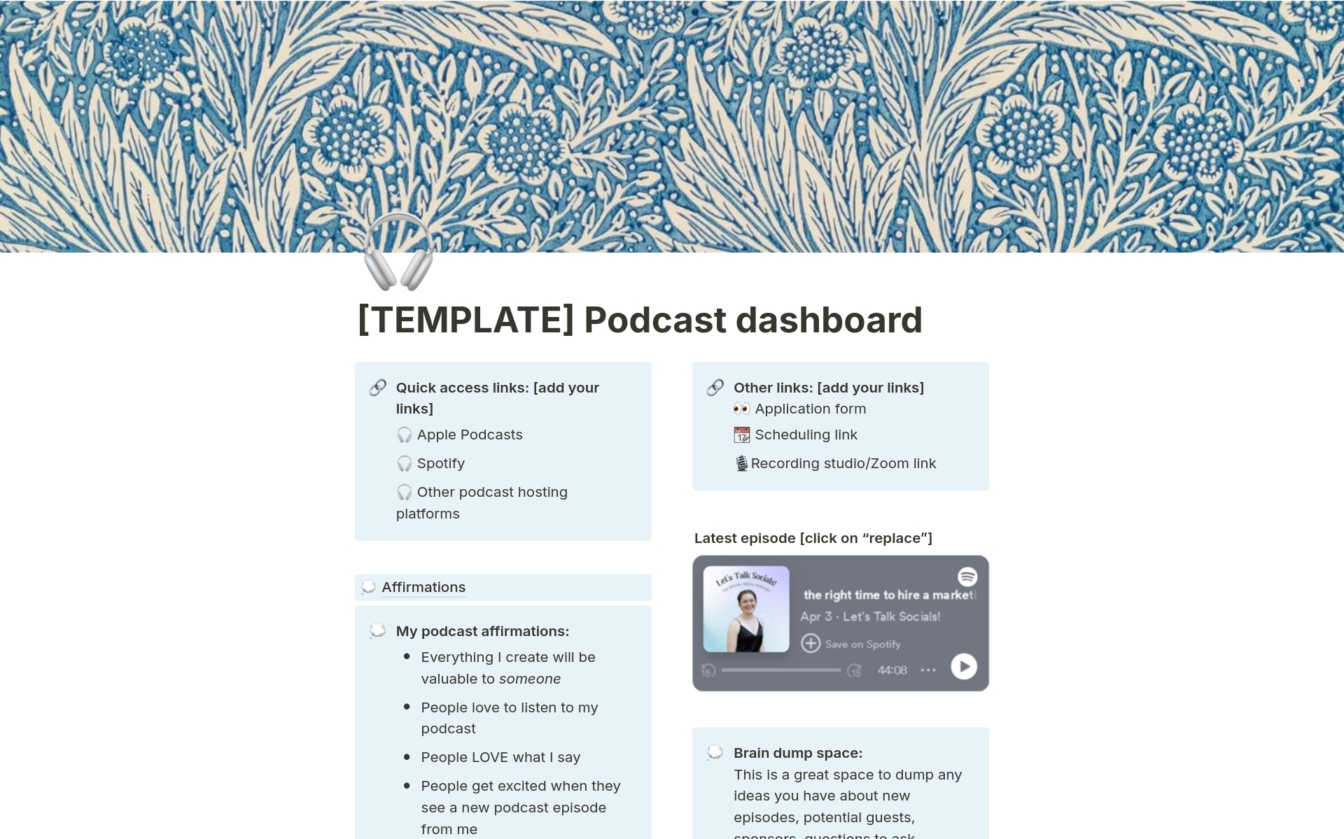 Access my podcast template to streamline your production process and keep track of your episodes, guests & more.
"Your whole podcast process is *chef's kiss* - from start to finish!" - a recent podcast guest