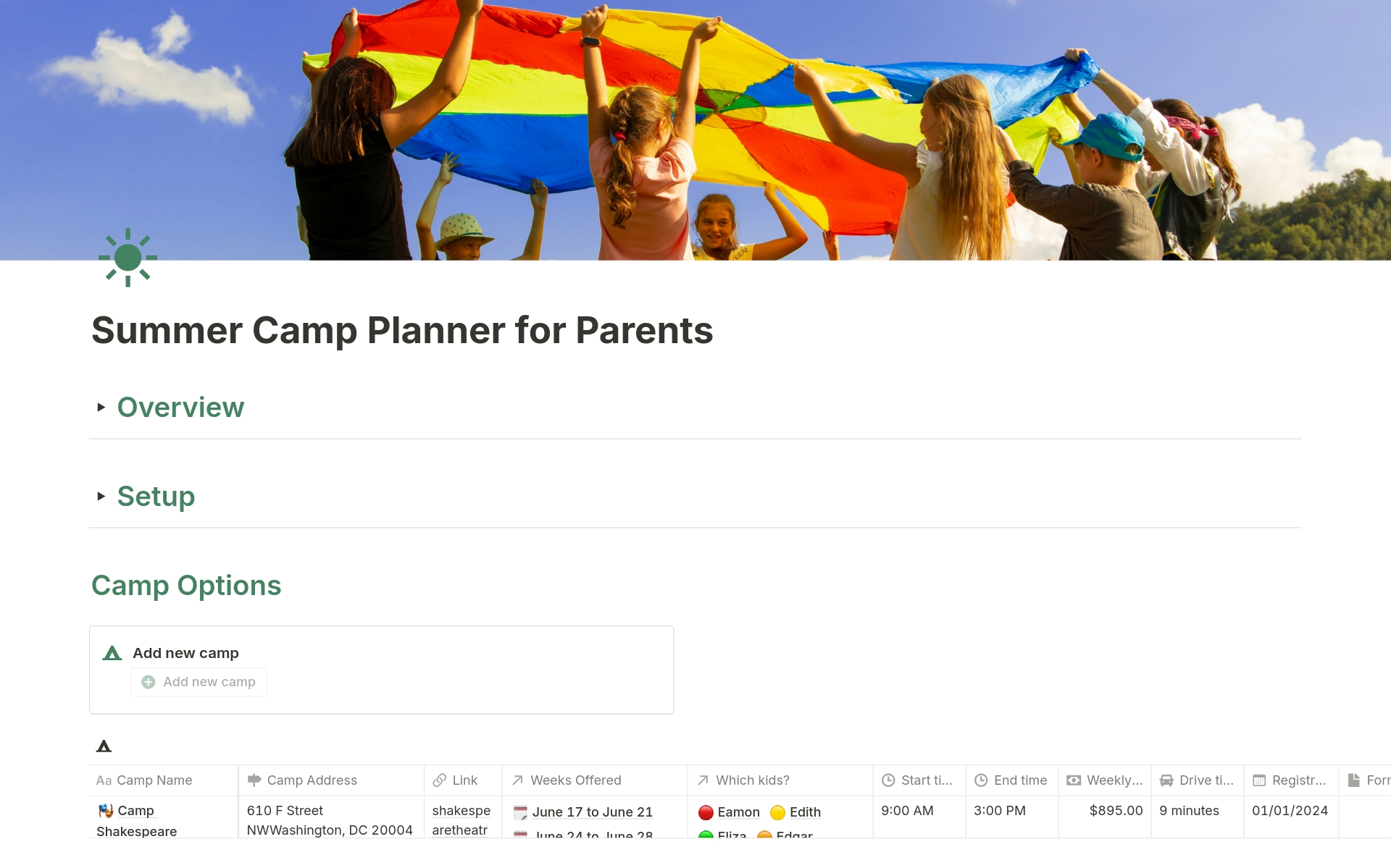 Aperçu du modèle de Summer Camp Planner for Parents