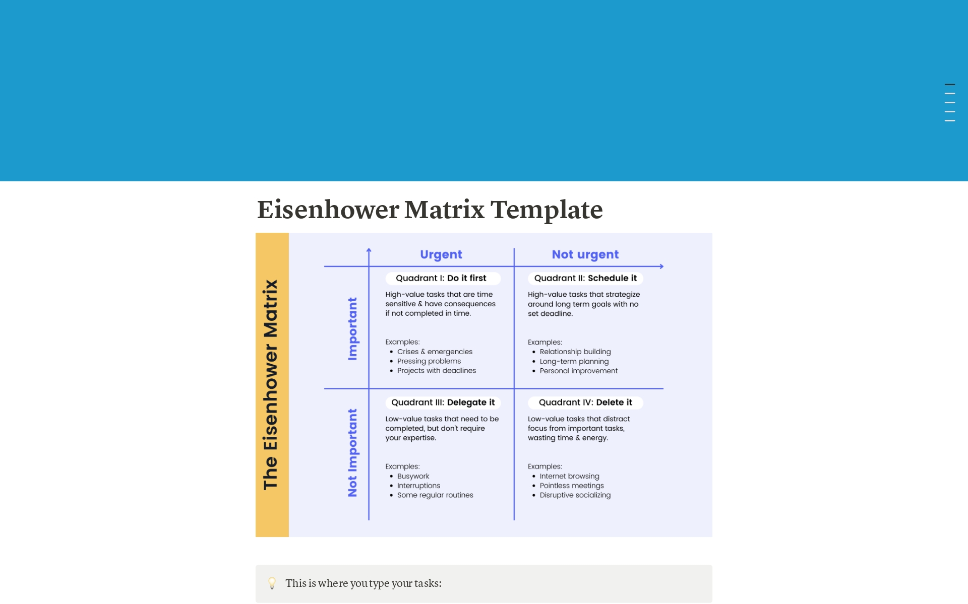 Vista previa de una plantilla para Eisenhower Matrix
