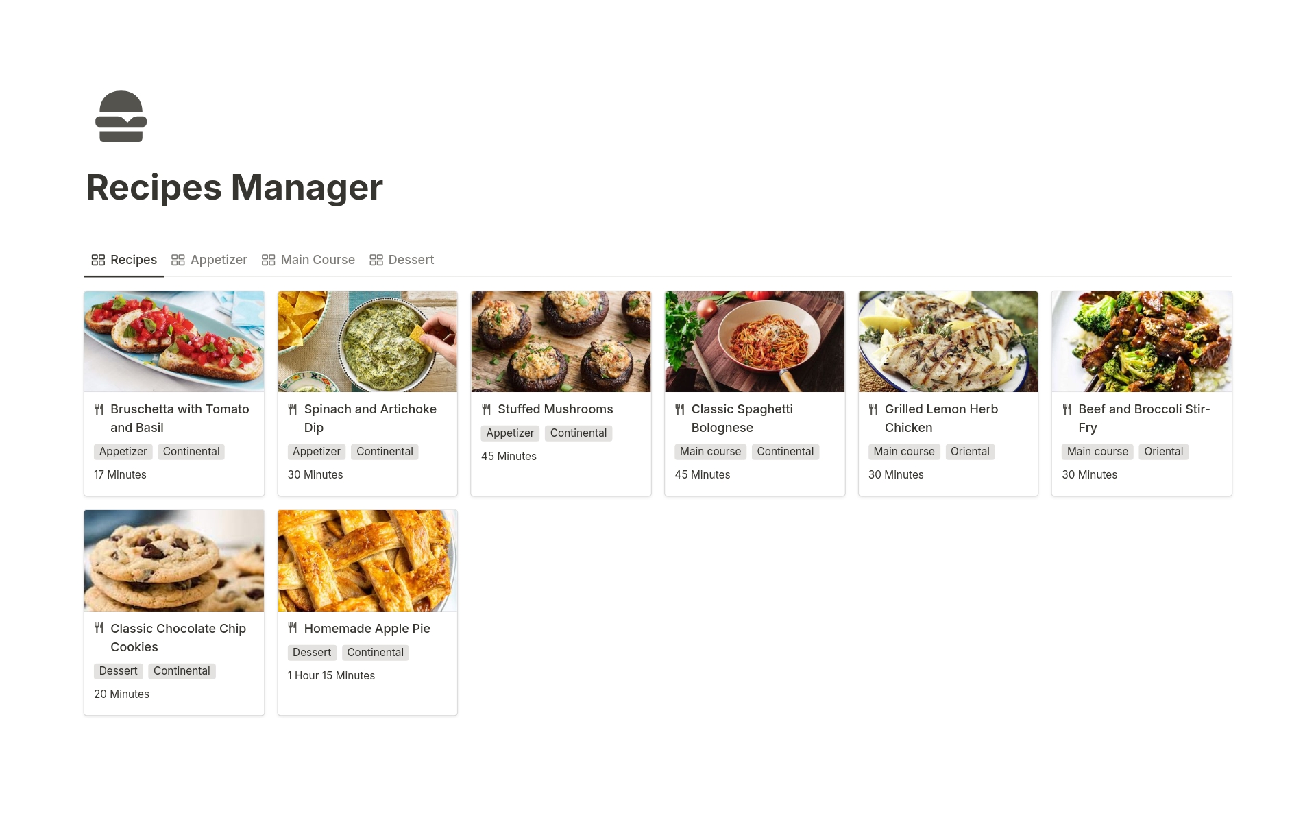 A template preview for Recipes Manager