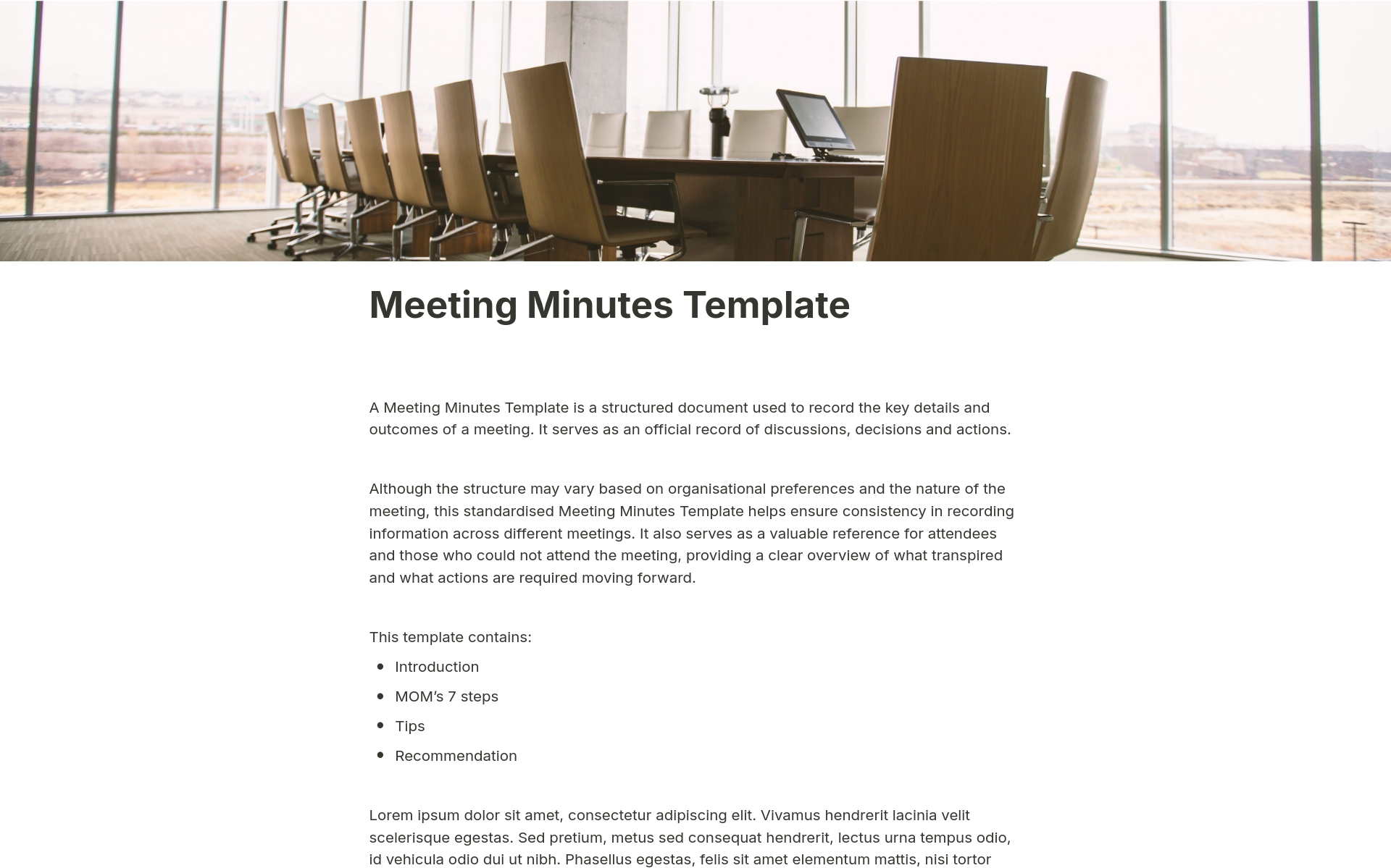 En forhåndsvisning av mal for Meeting Minutes