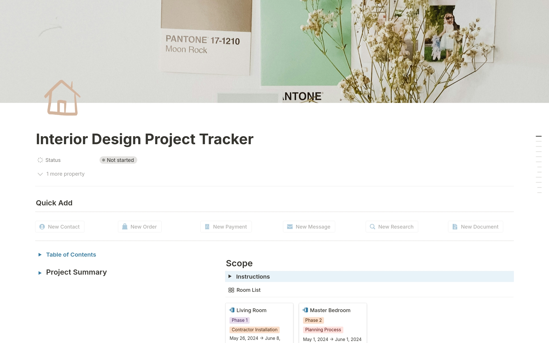 Interior Design All-In-One Project Planning Tracker seamlessly integrates procurement, resource library, task management, income tracking, and calendar into one dynamic dashboard. 