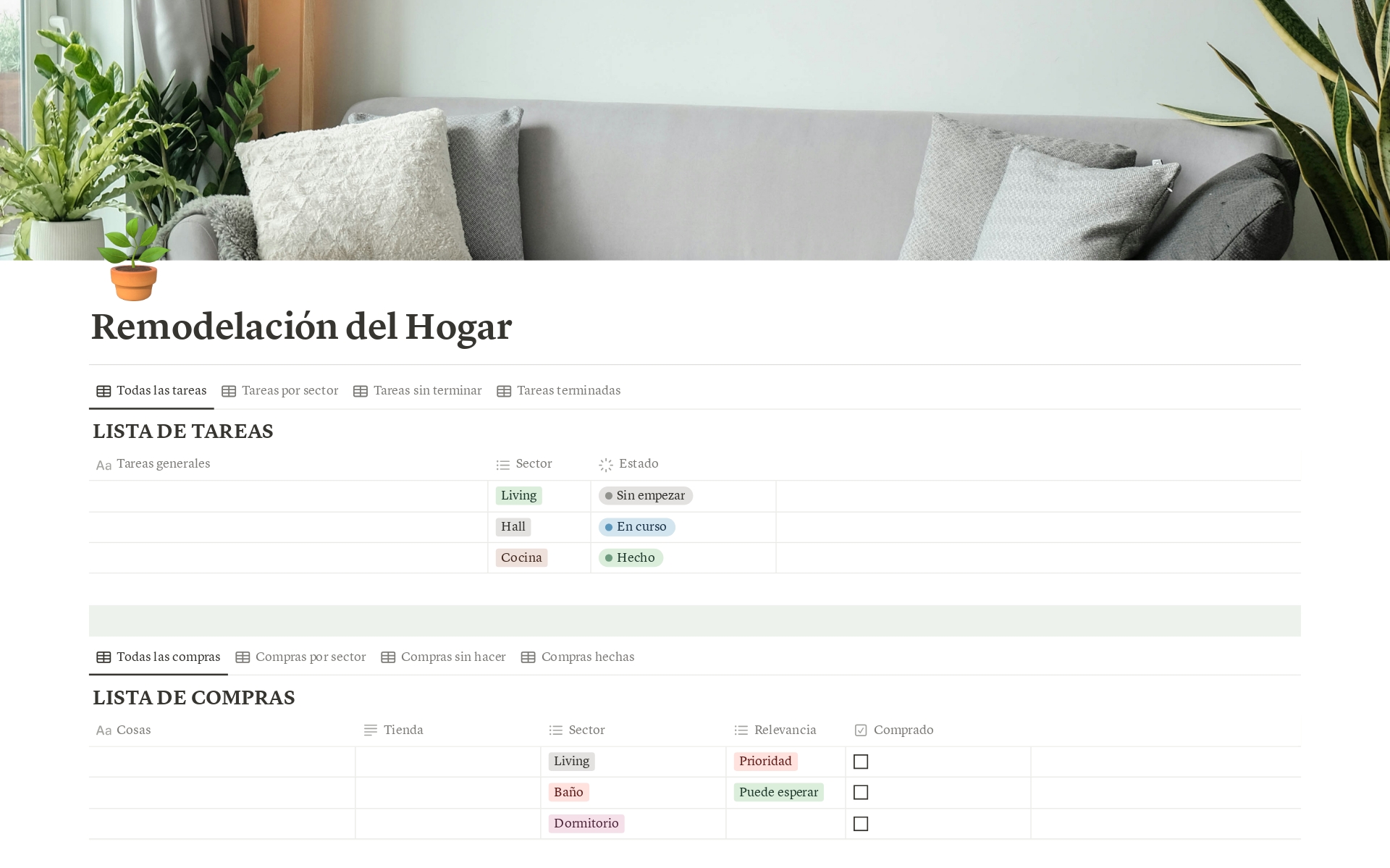 Planifica y organiza la remodelación de cada espacio de tu hogar con esta plantilla de Notion en Español.