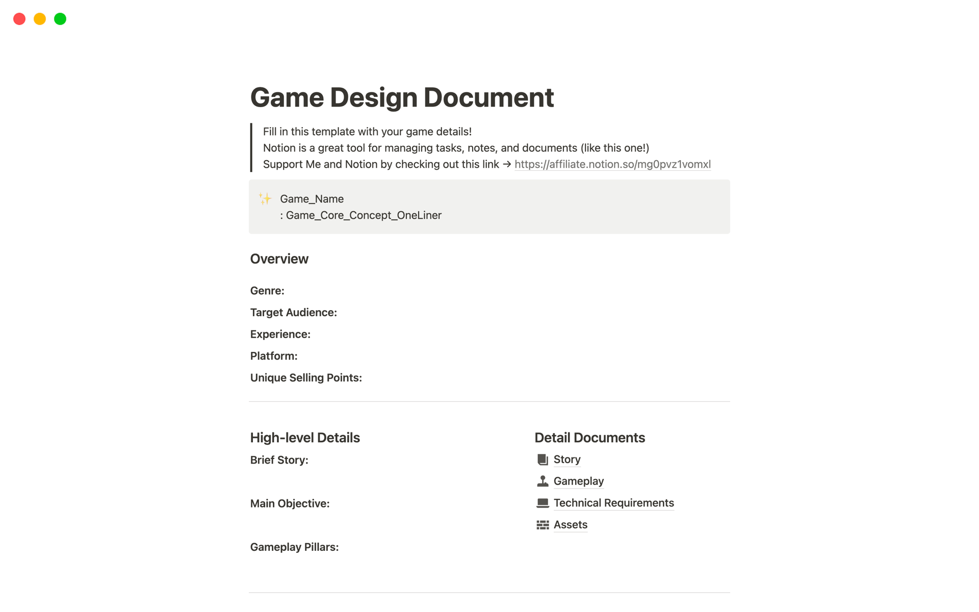Vista previa de una plantilla para Game Design Document