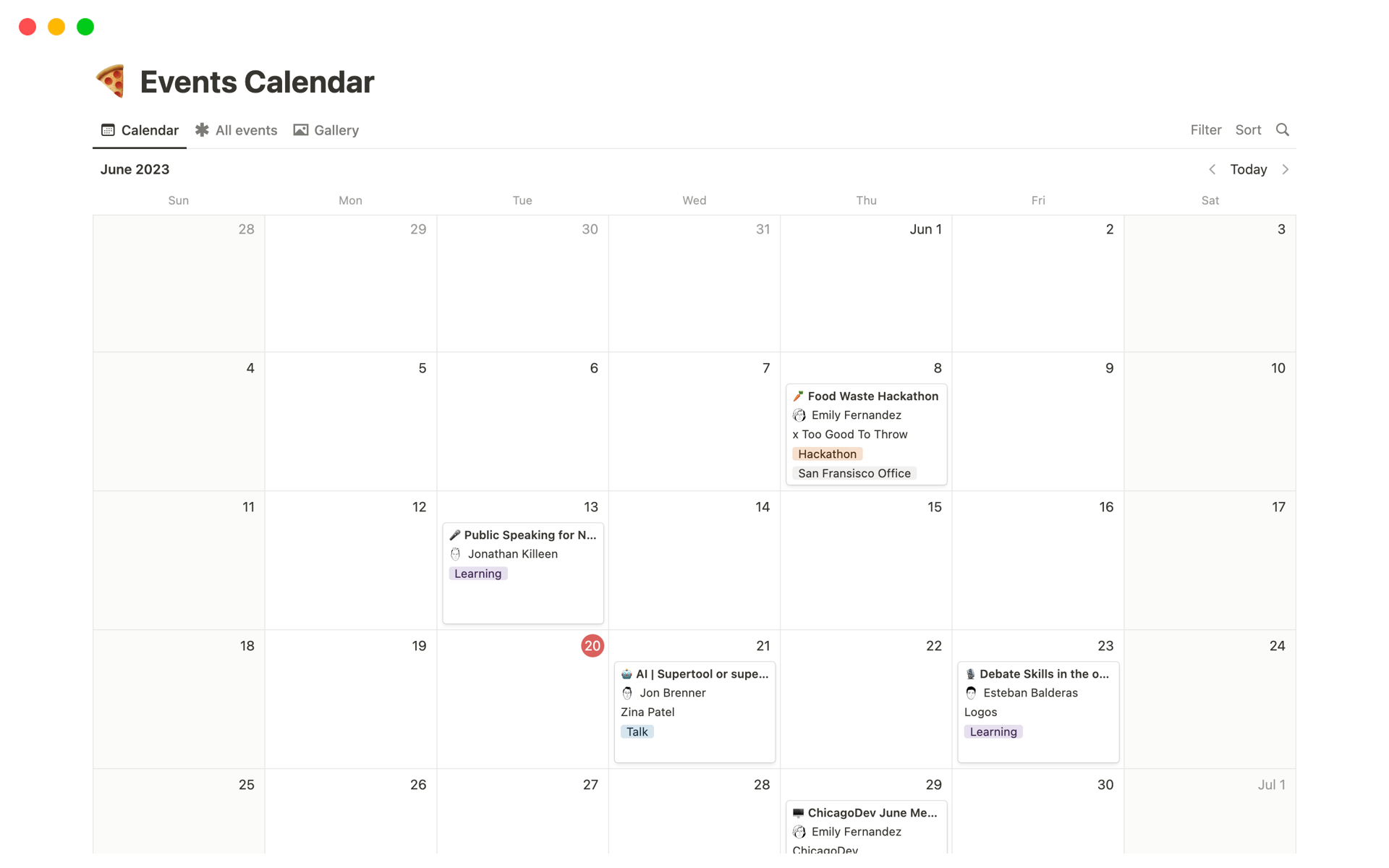 En forhåndsvisning av mal for Events Calendar