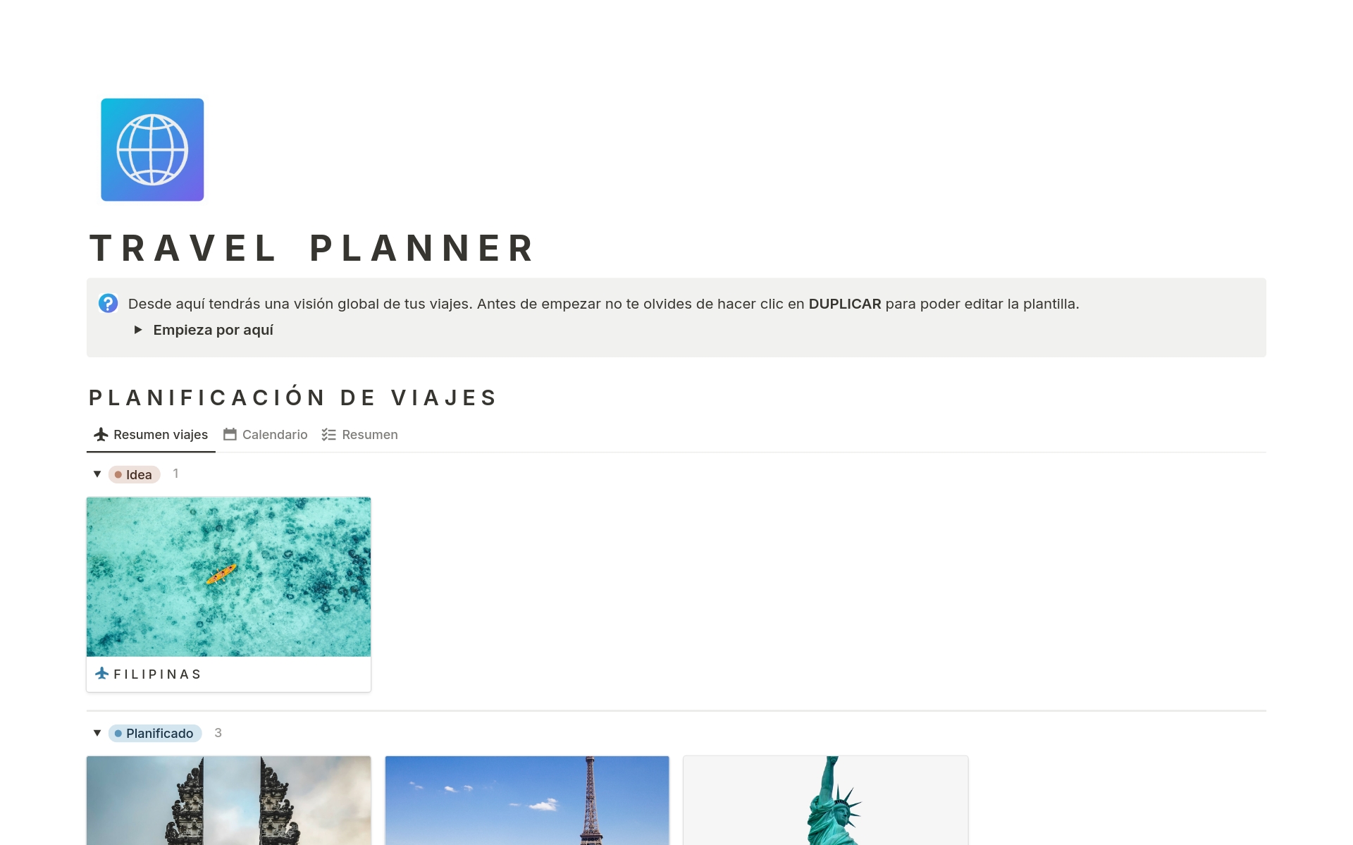 En förhandsgranskning av mallen för Travel Planner - Planificador de viajes