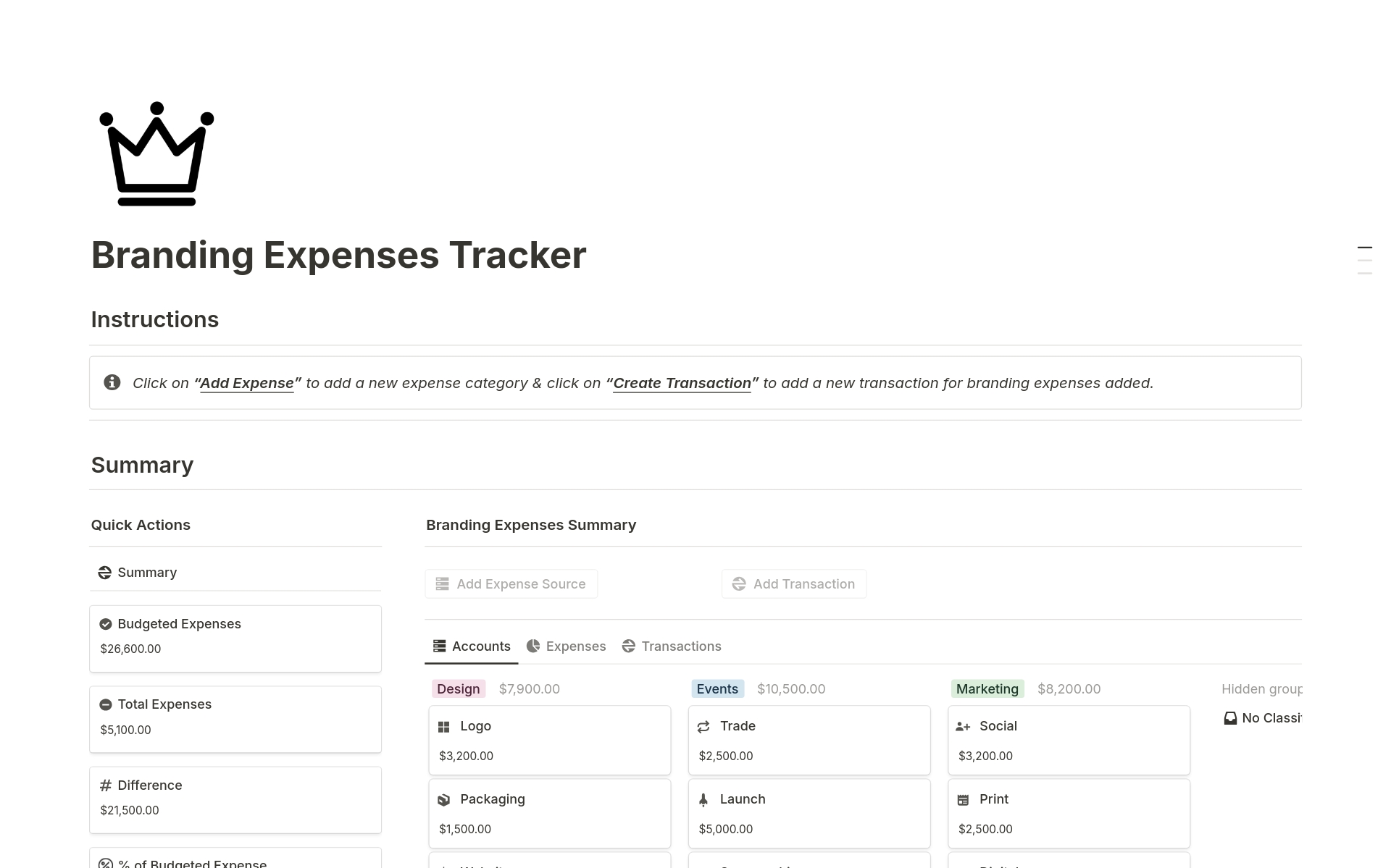 A template preview for Branding Expense Tracker
