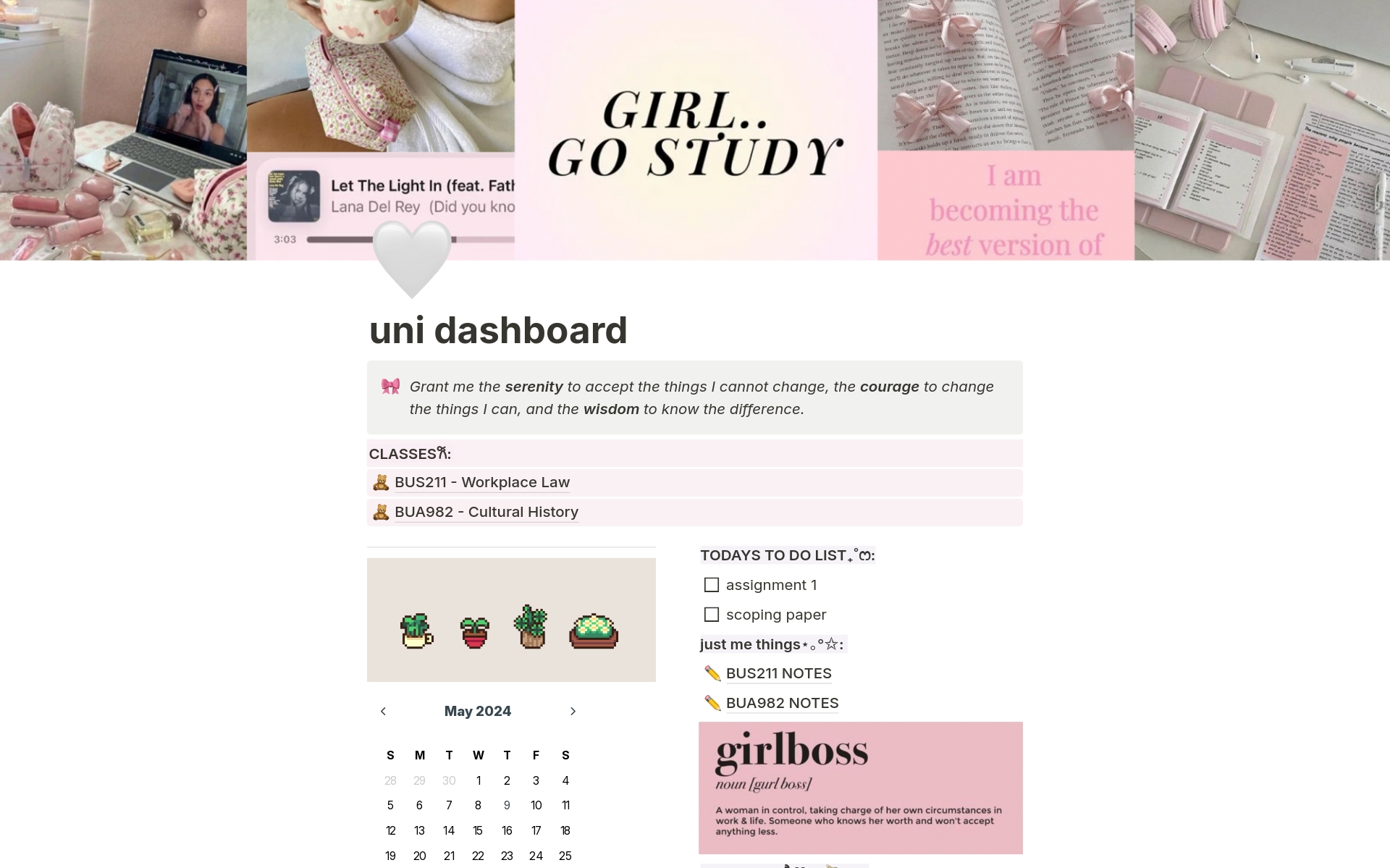 This is an all in one personal and student dashboard - consisting of university assignments, deadlines, groceries, workout, music. 