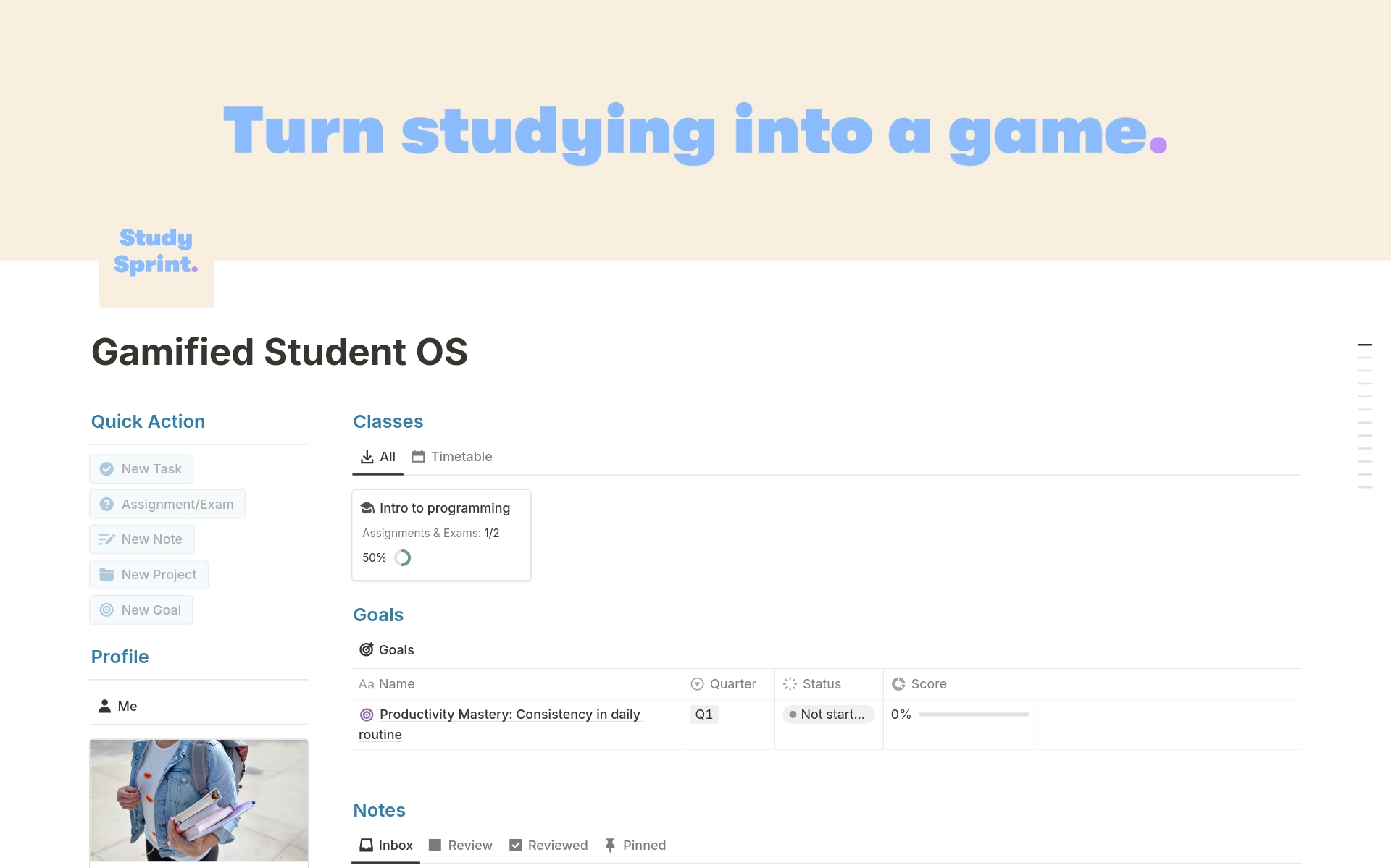 Transform your study sessions into a game with StudySprint 2.0! 🎮 Earn COINS by achieving goals, level up your character, track progress, organize notes, manage tasks, and get inspired by daily quotes. Boost productivity and make learning fun! Try StudySprint 2.0 today! 🚀📚✨