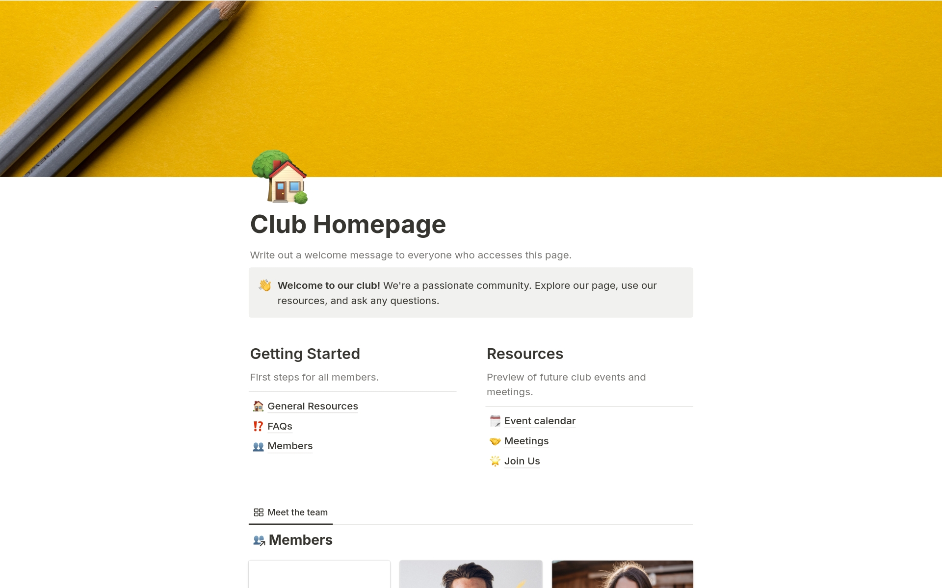 En förhandsgranskning av mallen för Club Homepage