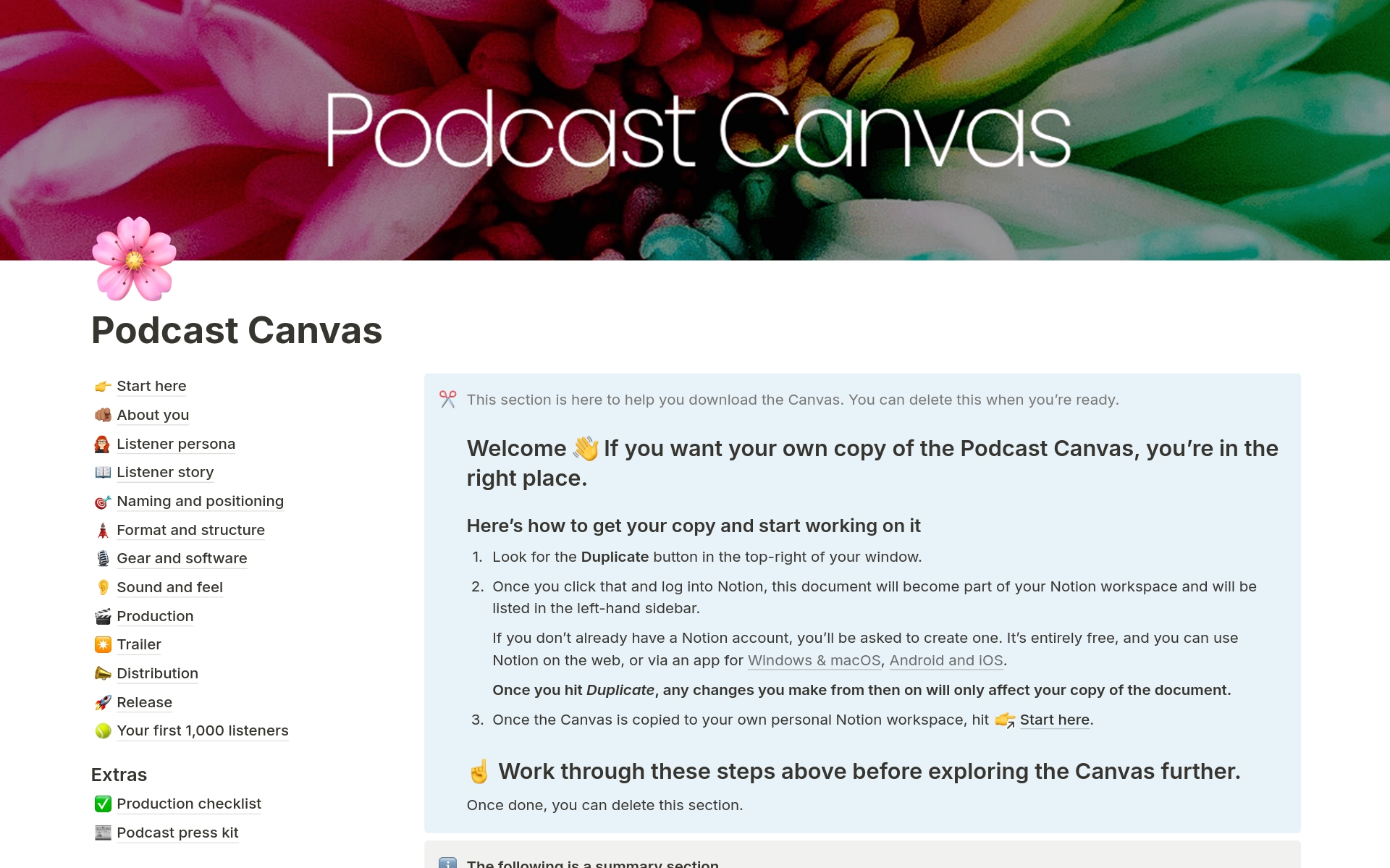 En forhåndsvisning av mal for The Podcast Canvas