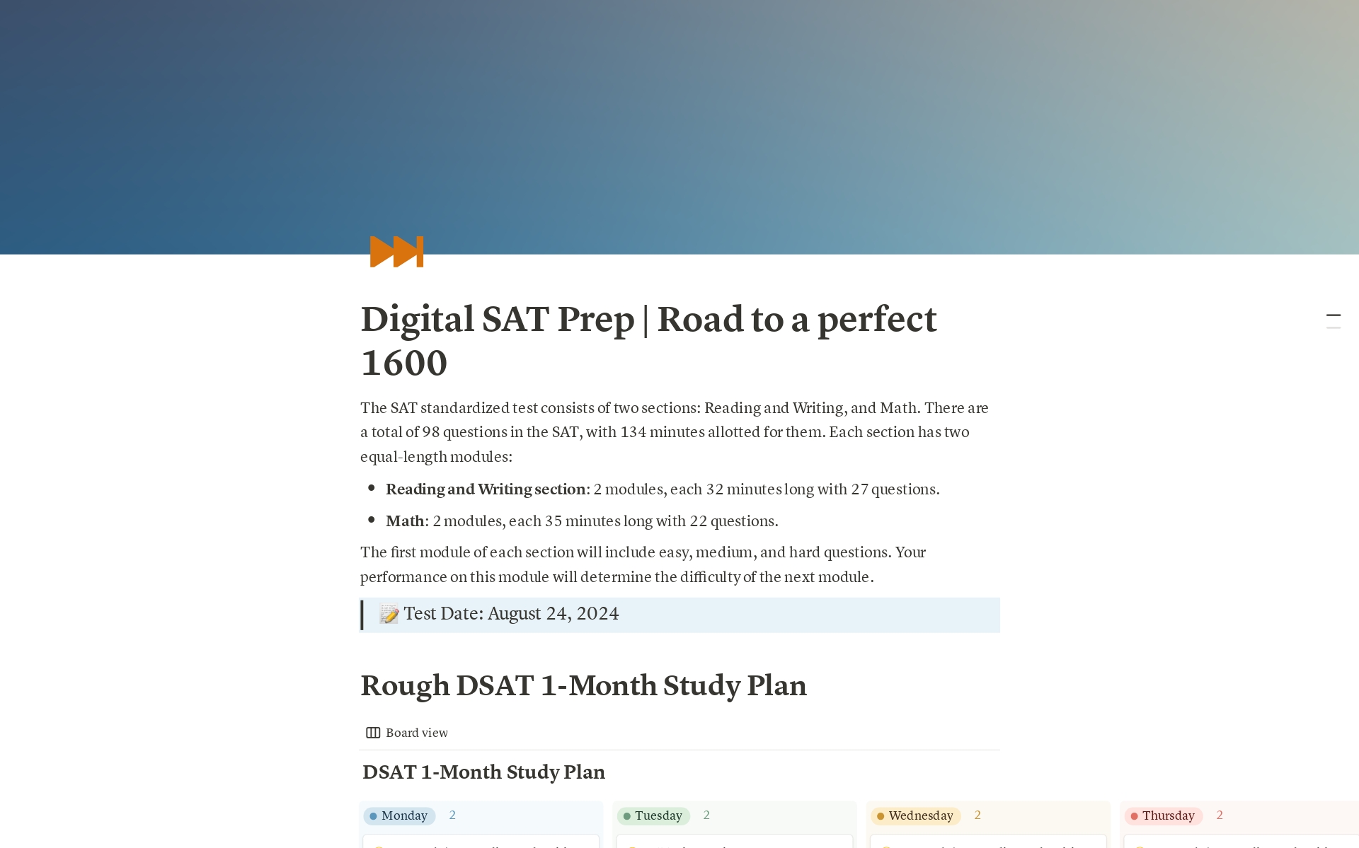 This template is made for students who are willing to take the time to embed a study schedule for prepping for an upcoming DSAT. There are many ways to make your schedule interesting and organized, and I hope this template helps you achieve this. 