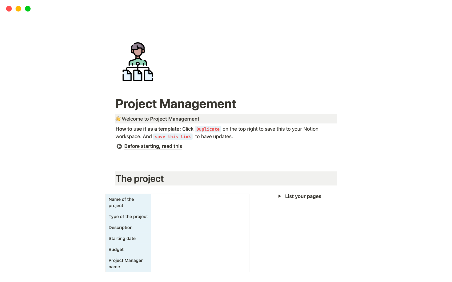 Vista previa de una plantilla para Project Management