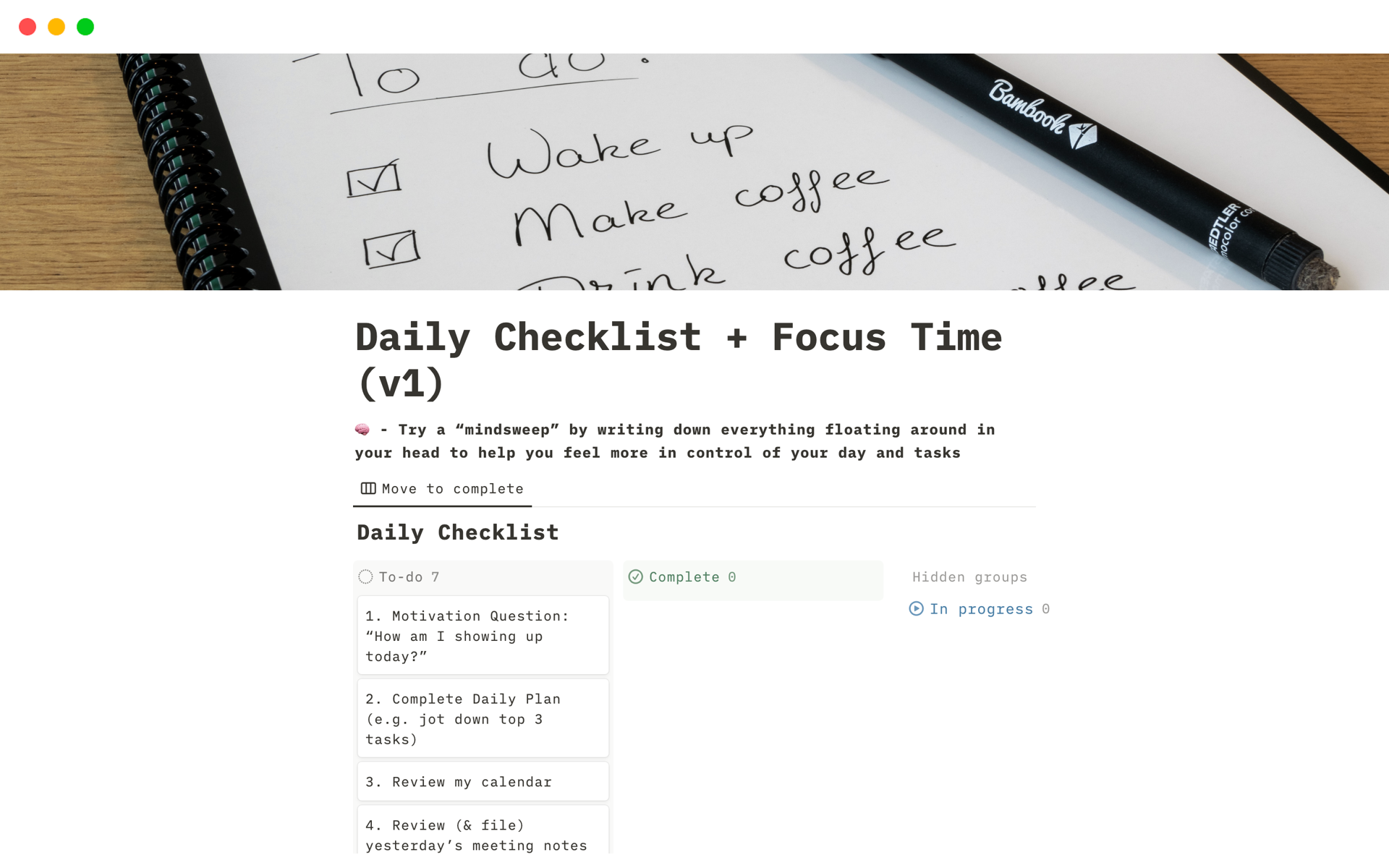 Mallin esikatselu nimelle Daily Checklist and Focus Time (v1)