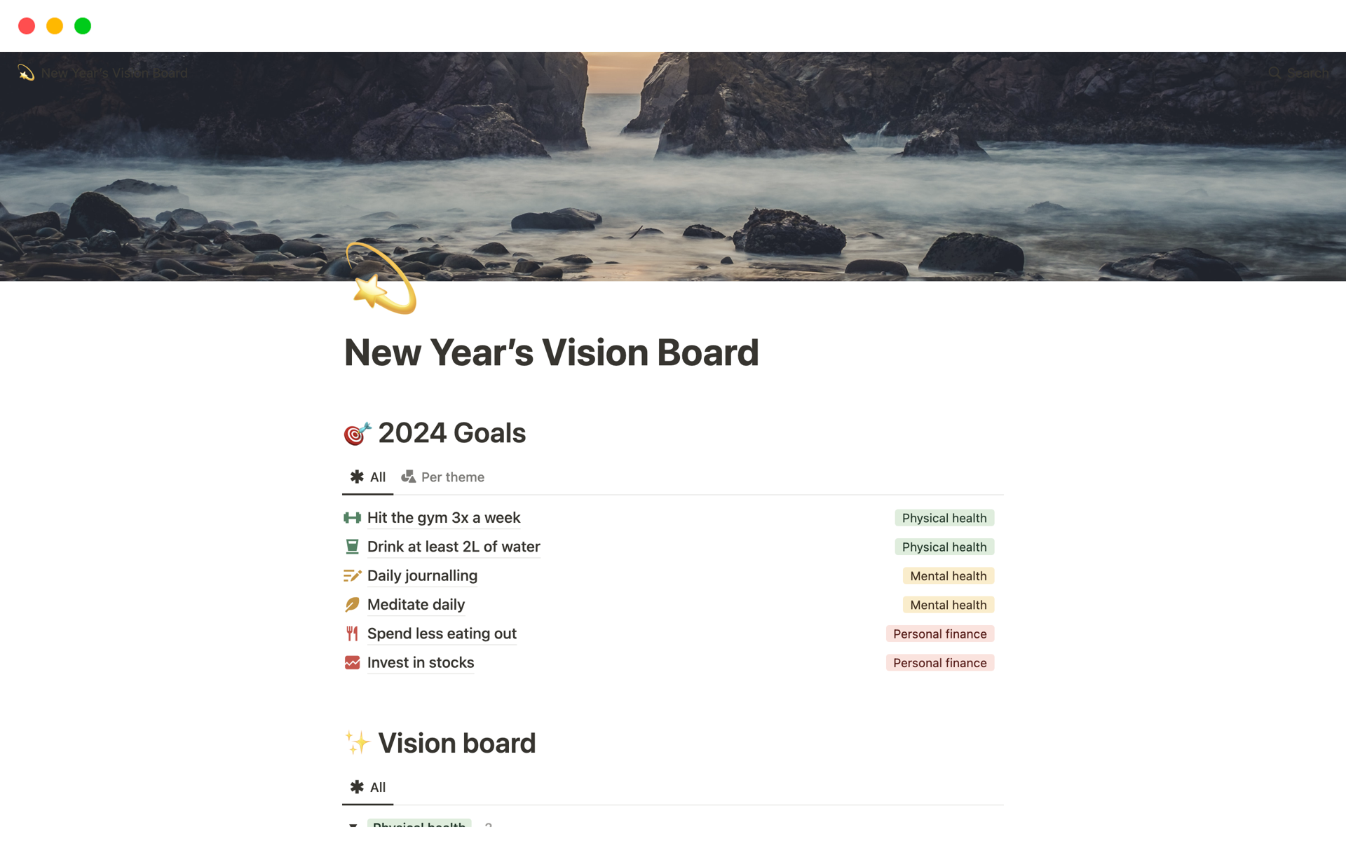 En forhåndsvisning av mal for New Year’s Vision Board