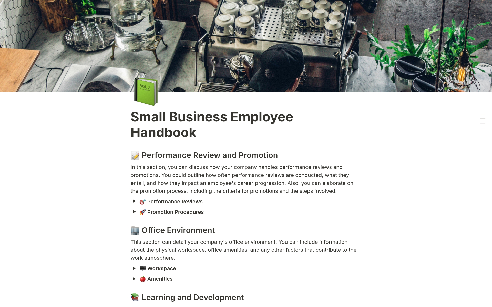 A detailed handbook for small business employees, covering essential policies and small team collaboration.