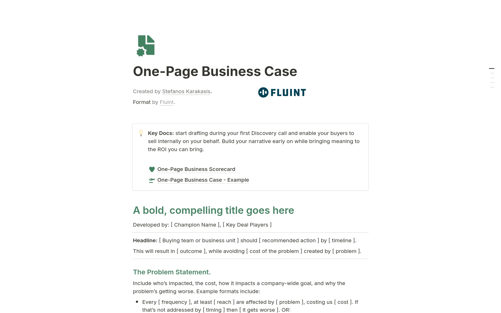 Vista previa de una plantilla para One-Page Business Case