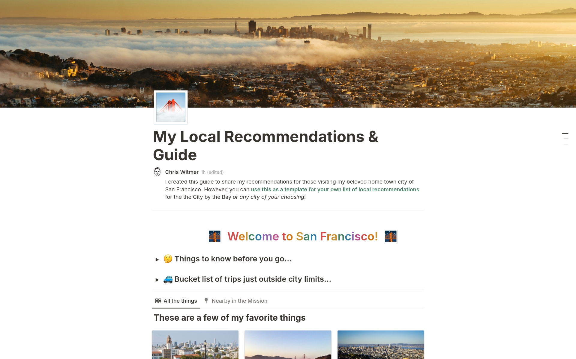 This comprehensive guide is perfect for anyone planning a trip to San Francisco or looking to create a personalized guide for any city. Use it as a ready-to-go destination guide or customize it to showcase your favorite spots and recommendations in any city of your choice.