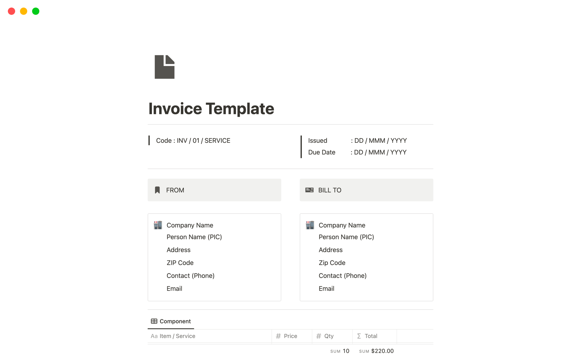 En förhandsgranskning av mallen för Notion Invoice Template