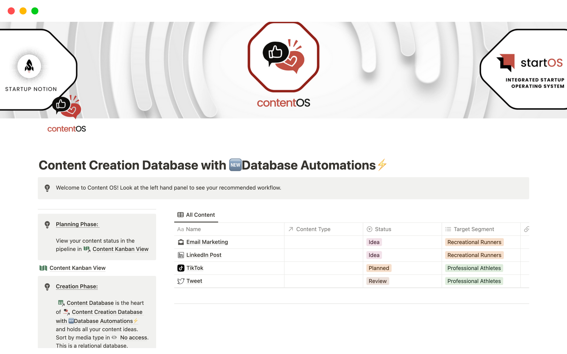 Vista previa de una plantilla para Content Creation Database Automations