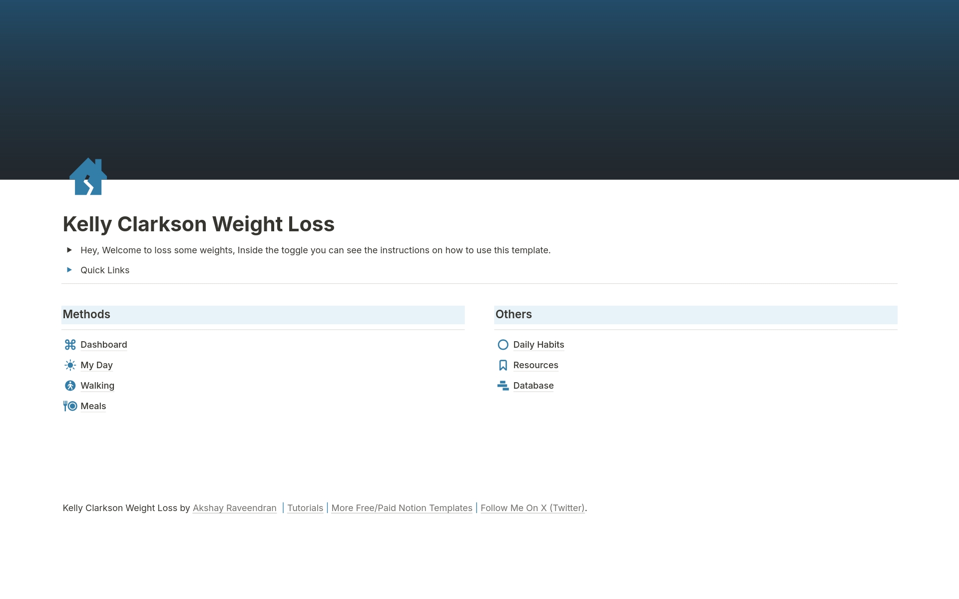 The Kelly Clarkson Weight Loss Method Notion Template™️ is a digital planner to help you lose weight by focusing on two key actions: walking and eating high-protein meals.

Inspired by Kelly Clarkson's weight loss success.