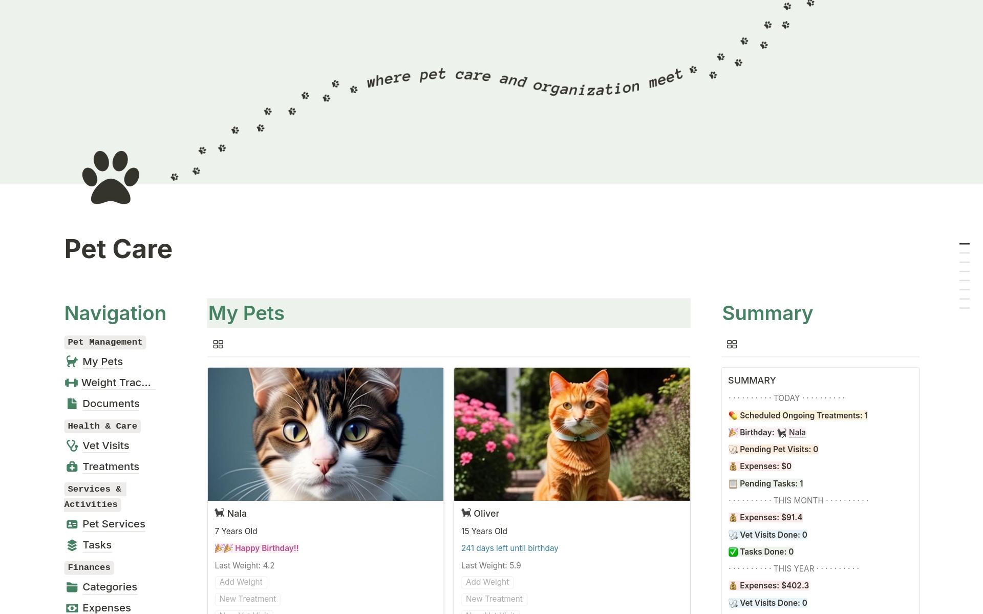 This template helps you organize and control your pet's life. It manages all aspects related to your pet, from vet appointments to expenses, treatments, and more.