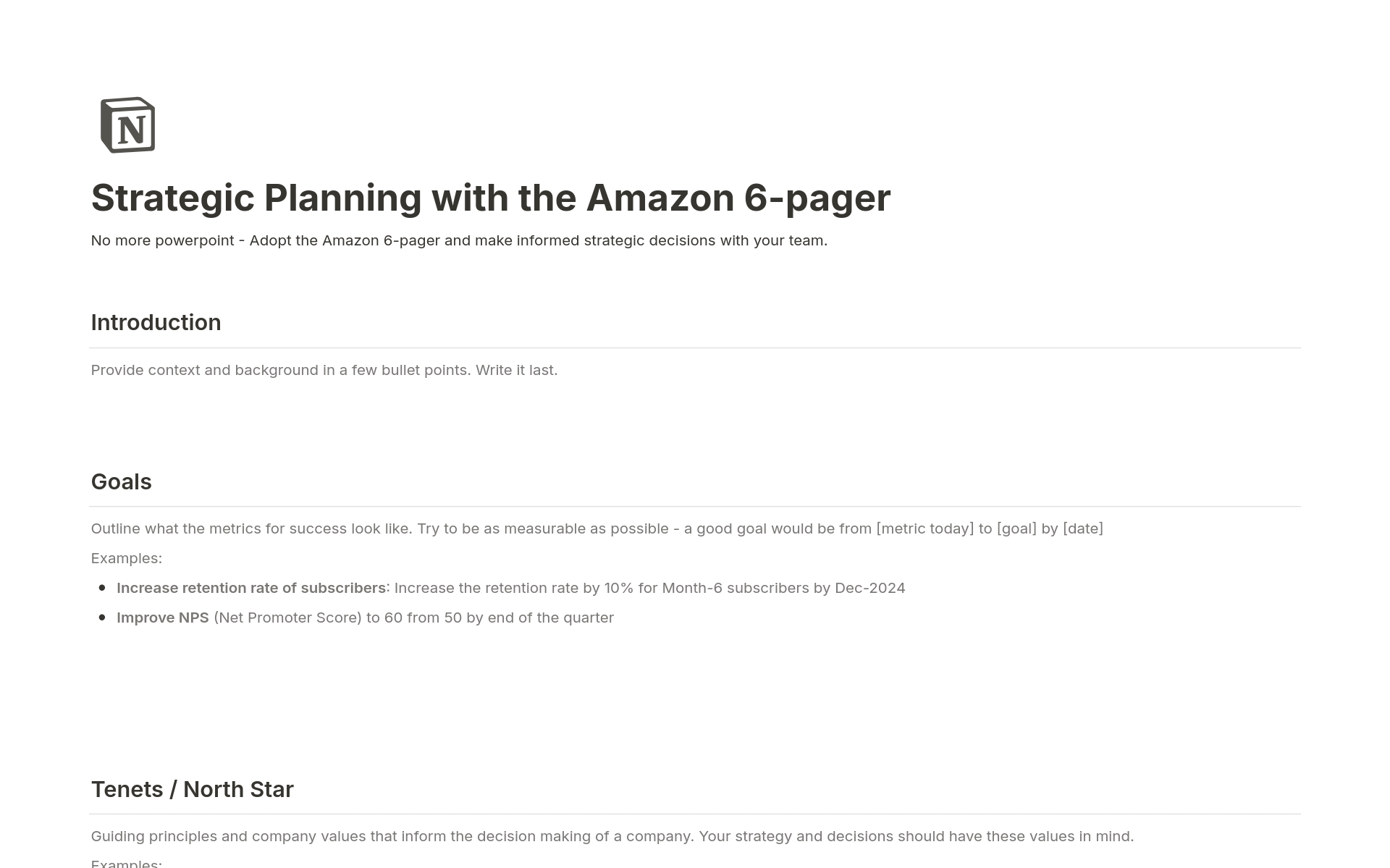 En forhåndsvisning av mal for Strategic Planning with the Amazon 6-pager