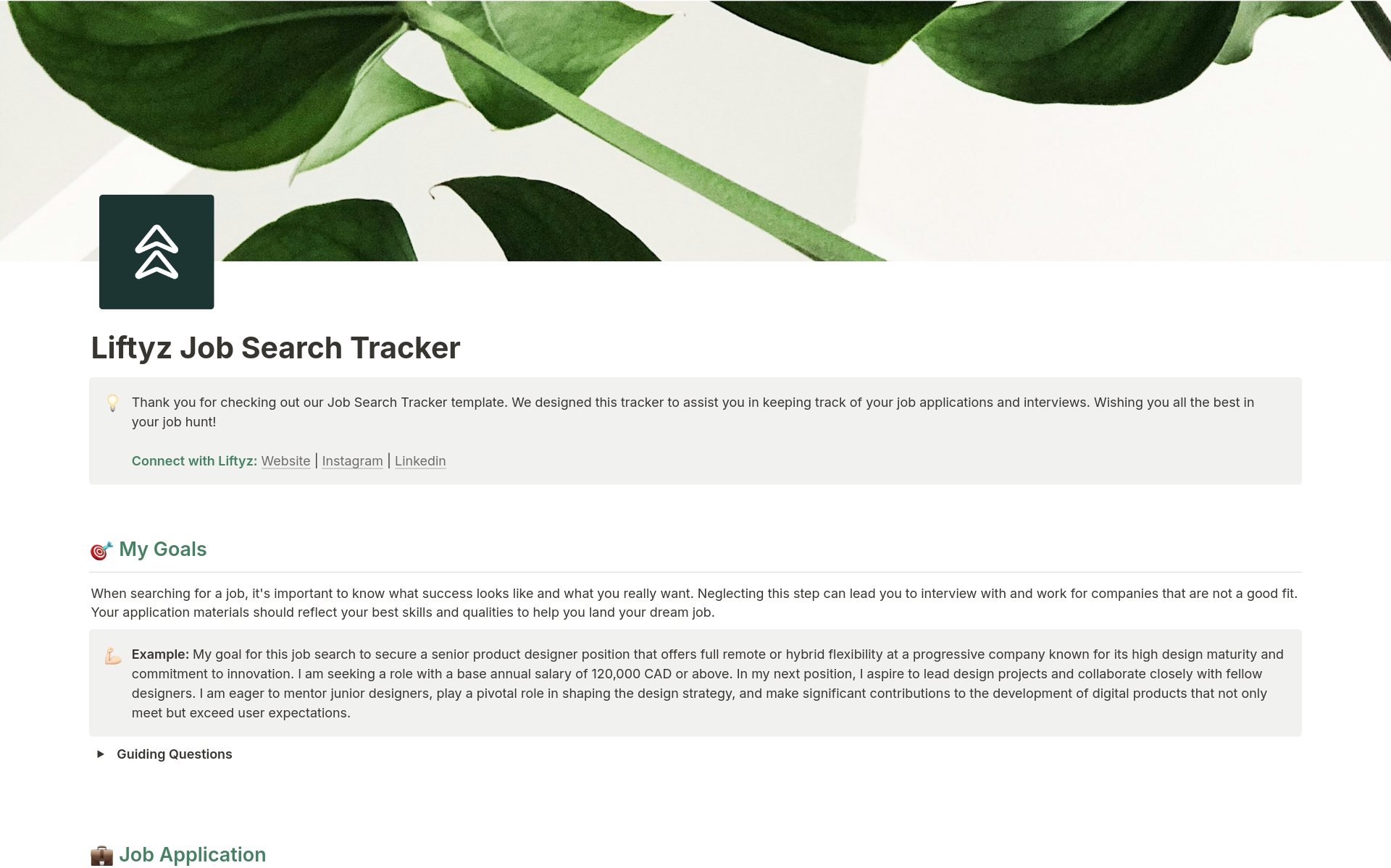 En forhåndsvisning av mal for Liftyz Job Search Tracker