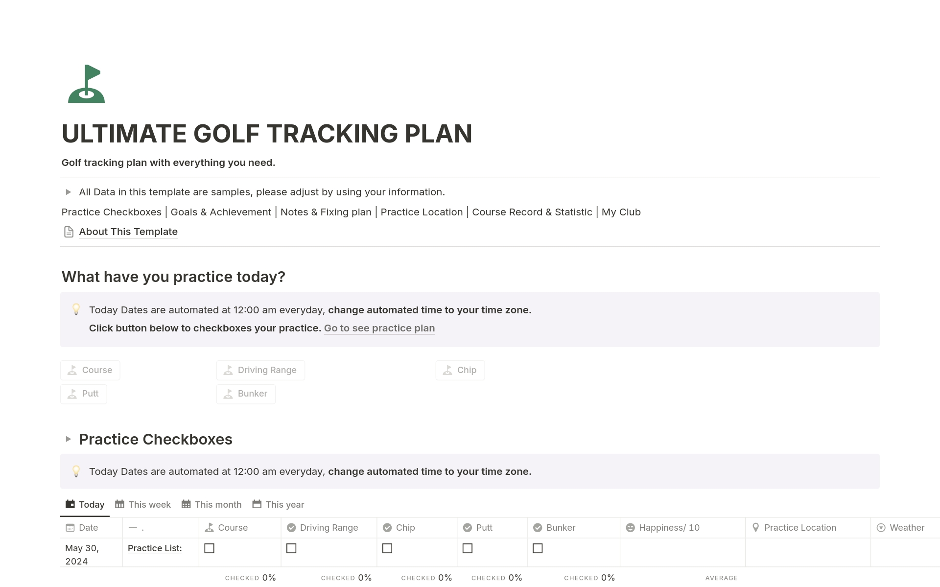 En förhandsgranskning av mallen för Ultimate Golf Tracking Plan