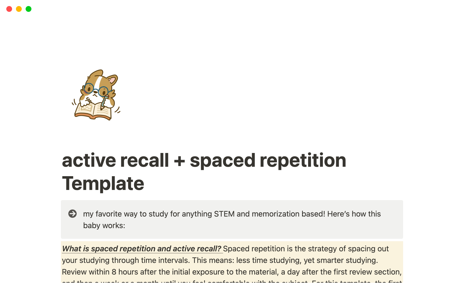 En forhåndsvisning av mal for Spaced repetition & active recall study template