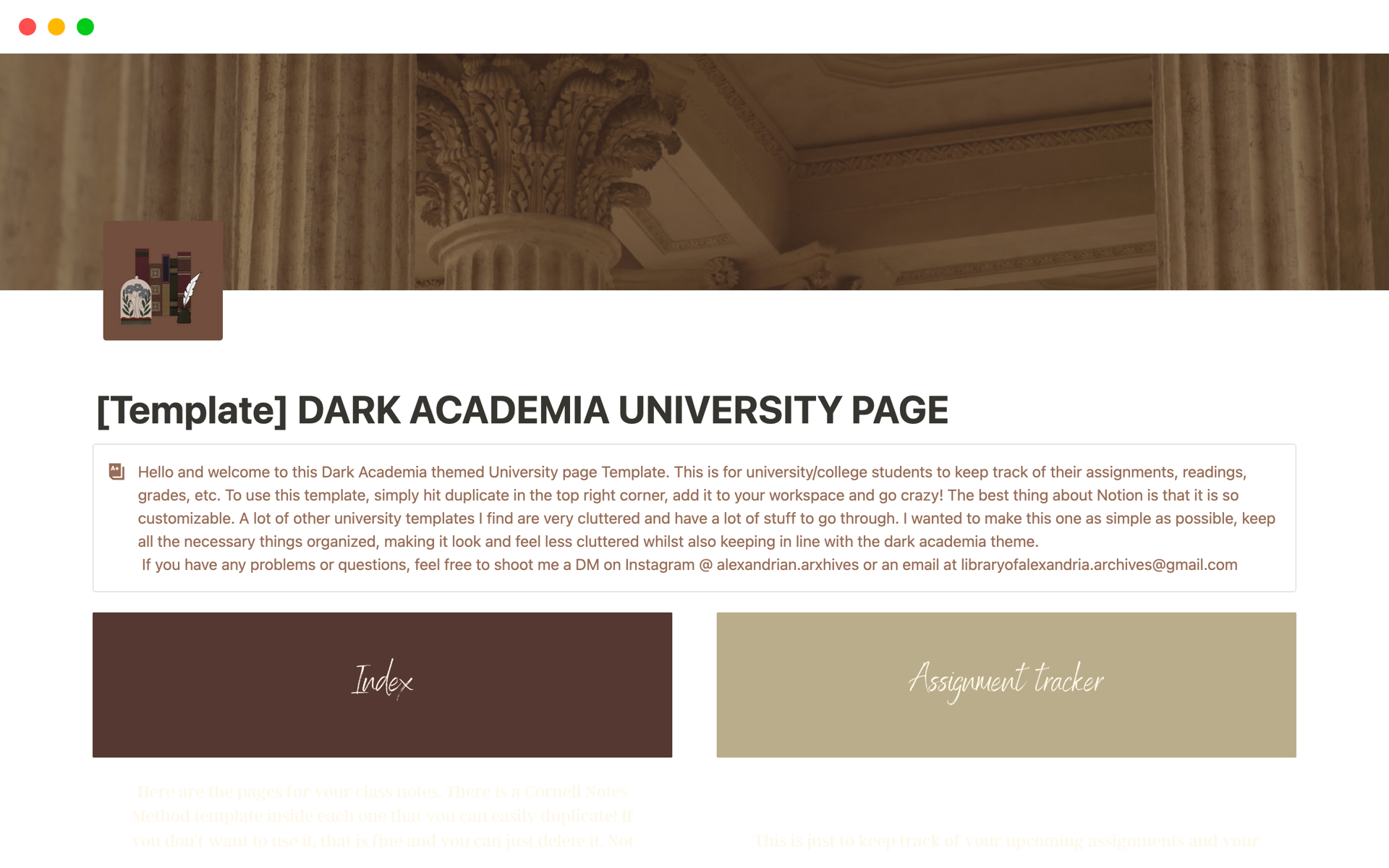 A template preview for DARK ACADEMIA UNIVERSITY PAGE