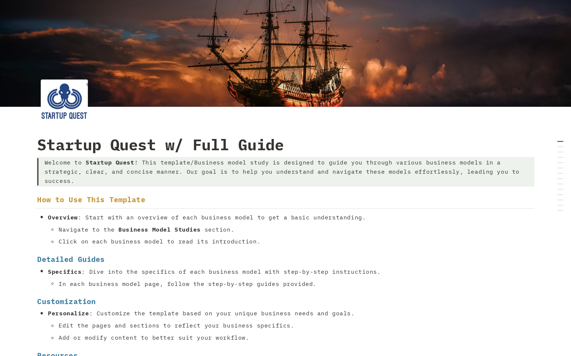 A template preview for Startup Quest PRO w/ Full Guide  