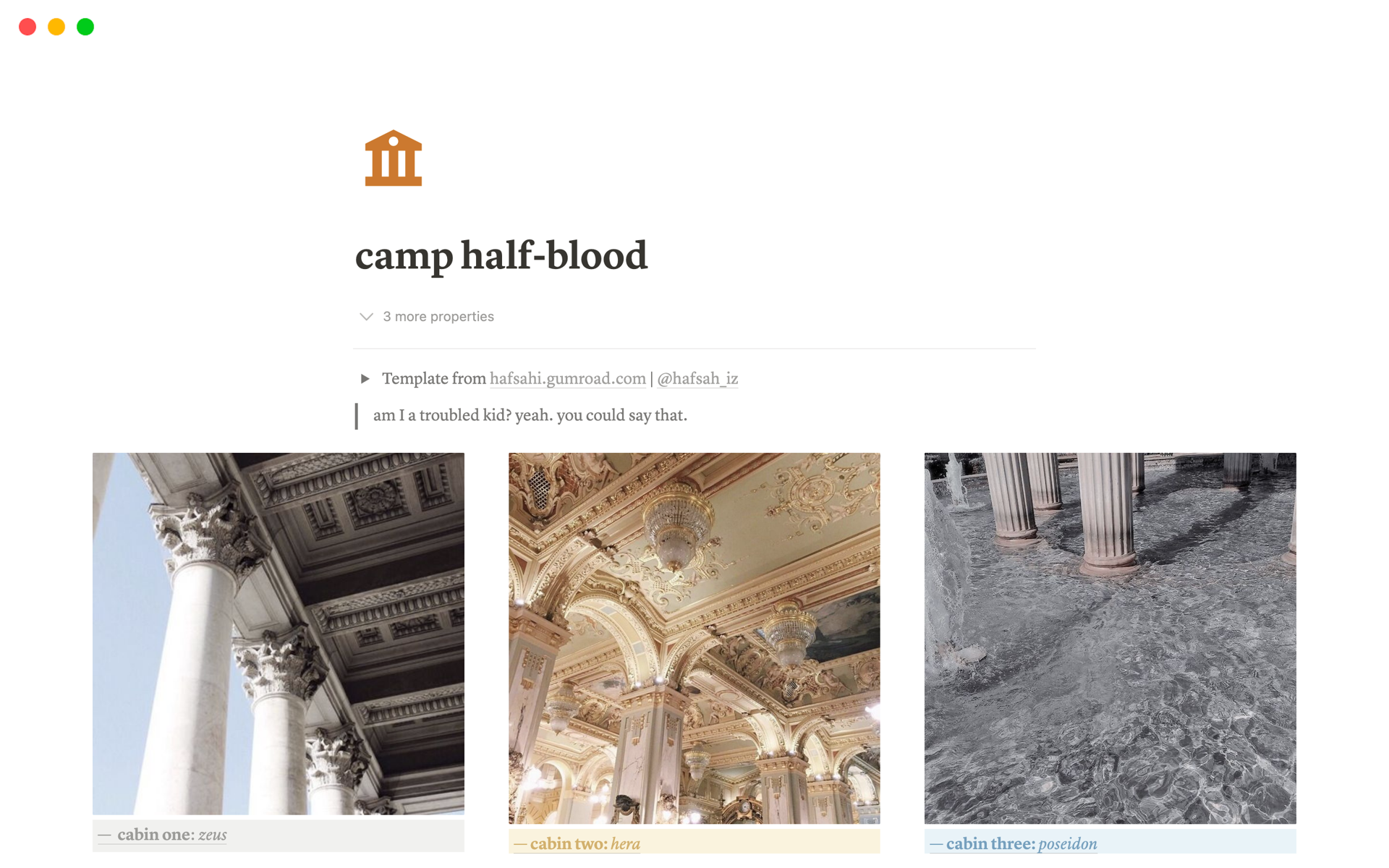 An aesthetic, minimalist, Ancient Greek-inspired Notion template inspired by thirteen of the cabins at Camp Half-Blood.