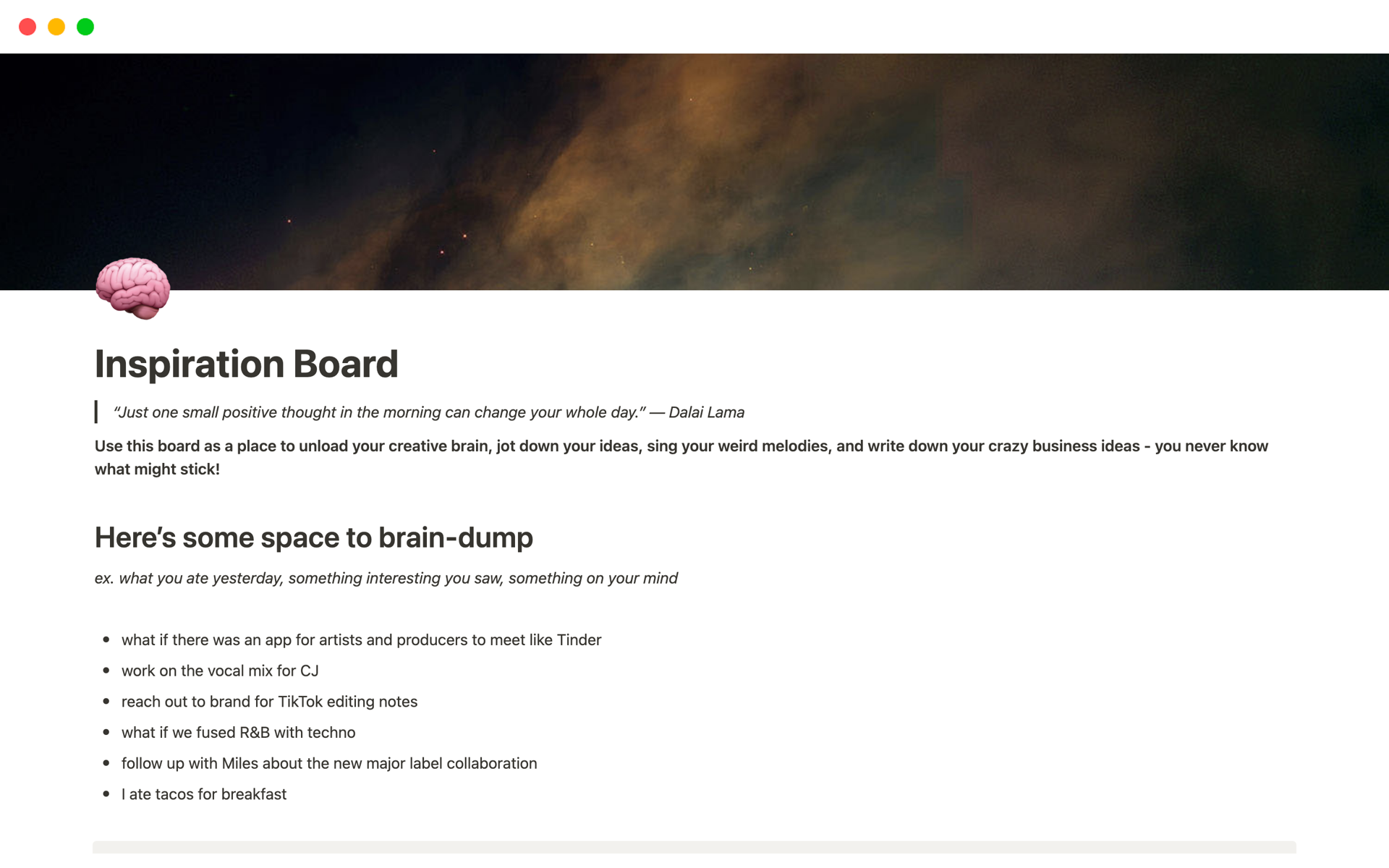 Introducing the Inspiration Board for Notion, specially designed for music industry professionals and music producers to write down ideas, thoughts, and voice memos quickly.