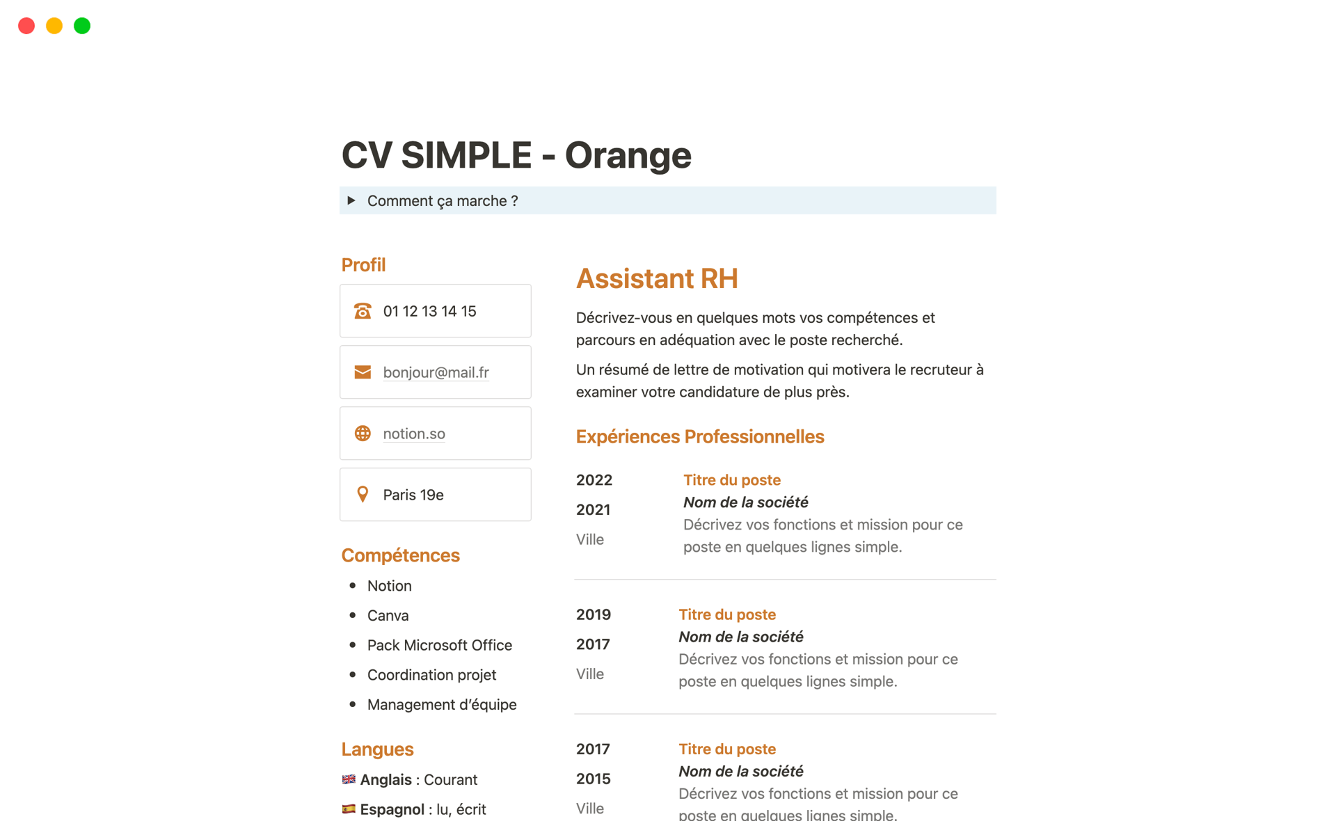 En forhåndsvisning av mal for CV SIMPLE - Orange en Français