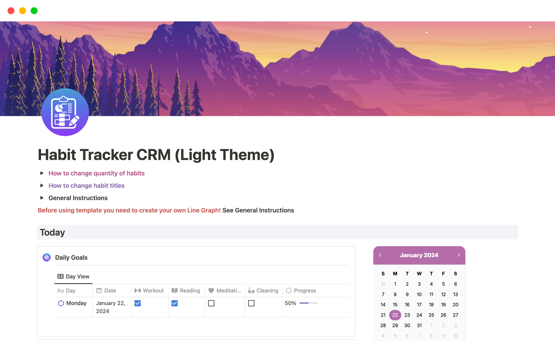 En förhandsgranskning av mallen för Habit Tracker CRM (Light Theme)