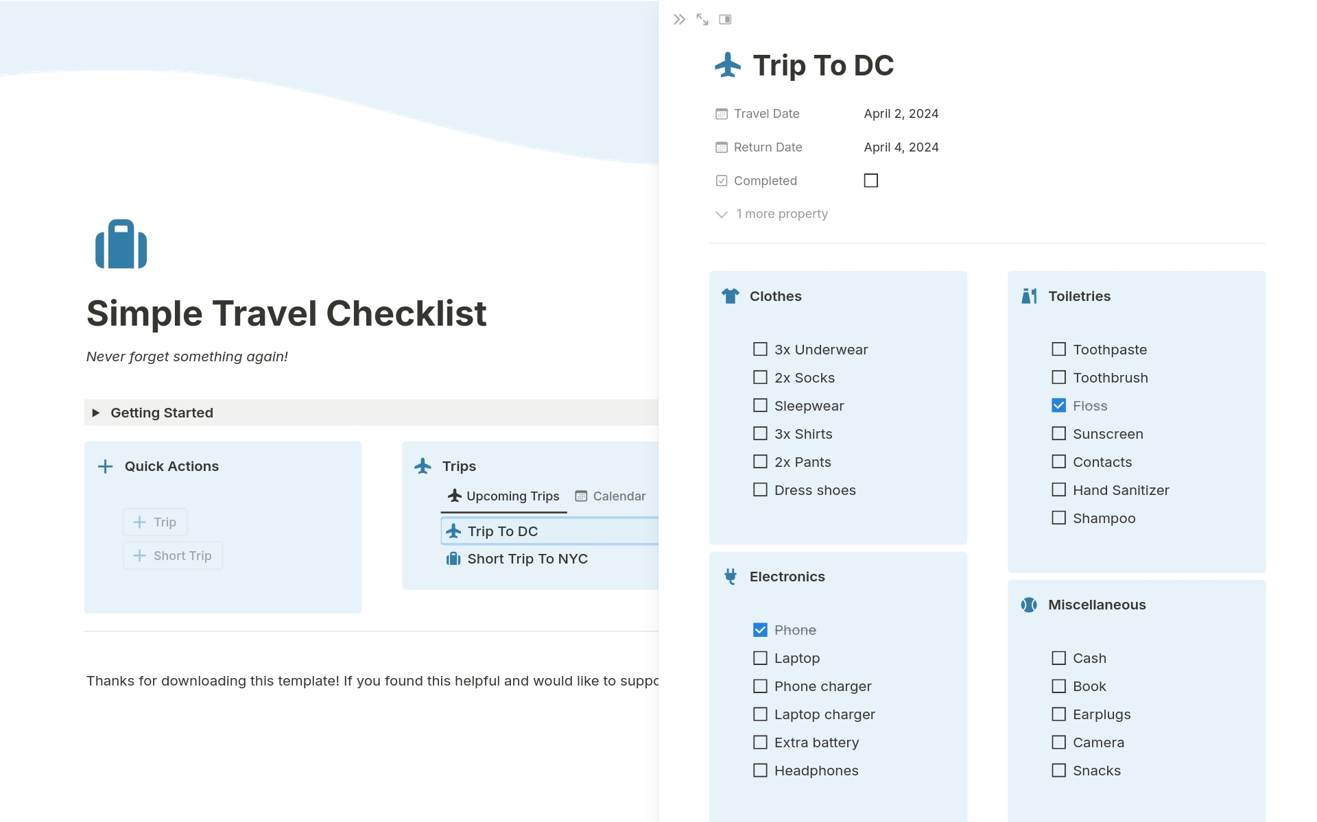 A simple template to track and manage what to pack for travel