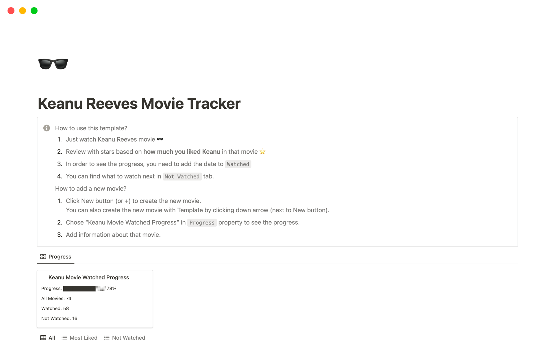 En förhandsgranskning av mallen för Keanu Reeves Movie Tracker