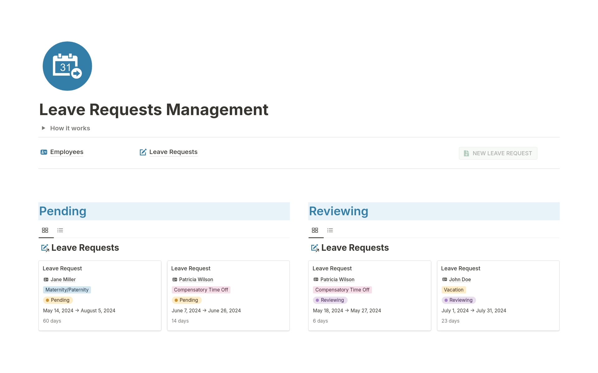 A template preview for Leave Requests Management